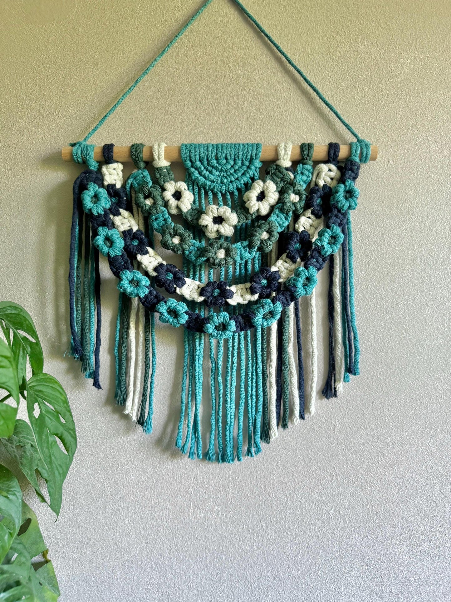 Floral Macrame Wall Hanging | Handmade Blue & Green Boho Decor | Daisy Tapestry