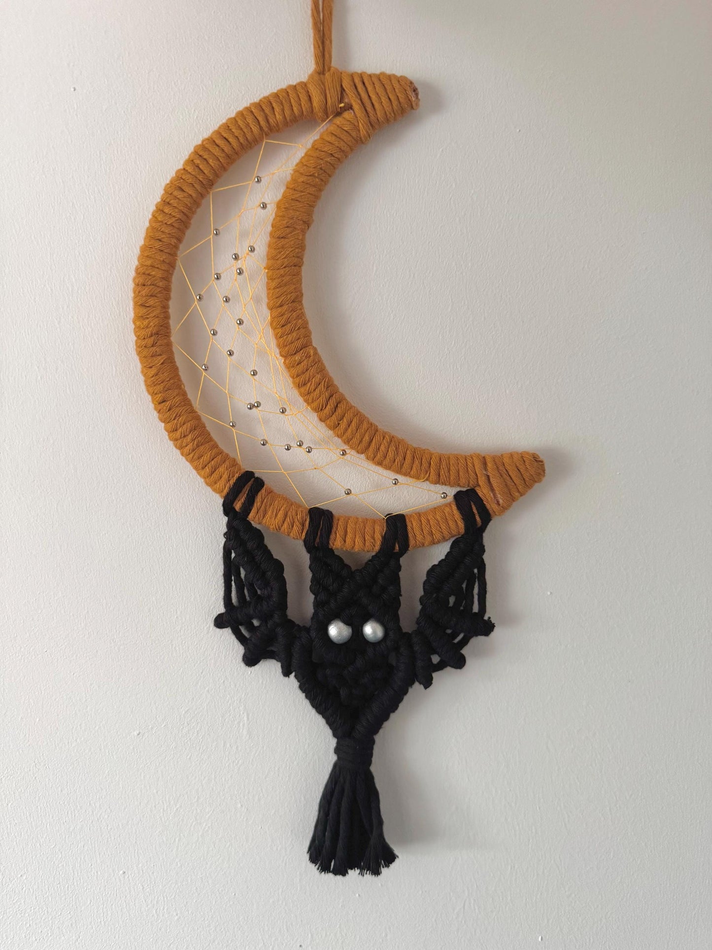 Bat and Moon Macrame Wall Hanging | Handmade Halloween Dreamcatcher
