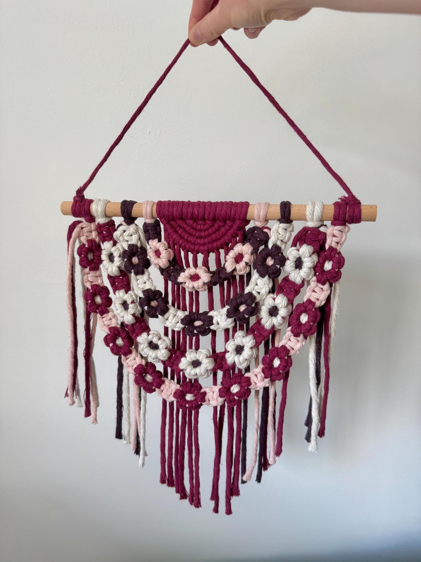 Floral Macrame Wall Hanging | Burgundy, Pink & Brown Boho Decor