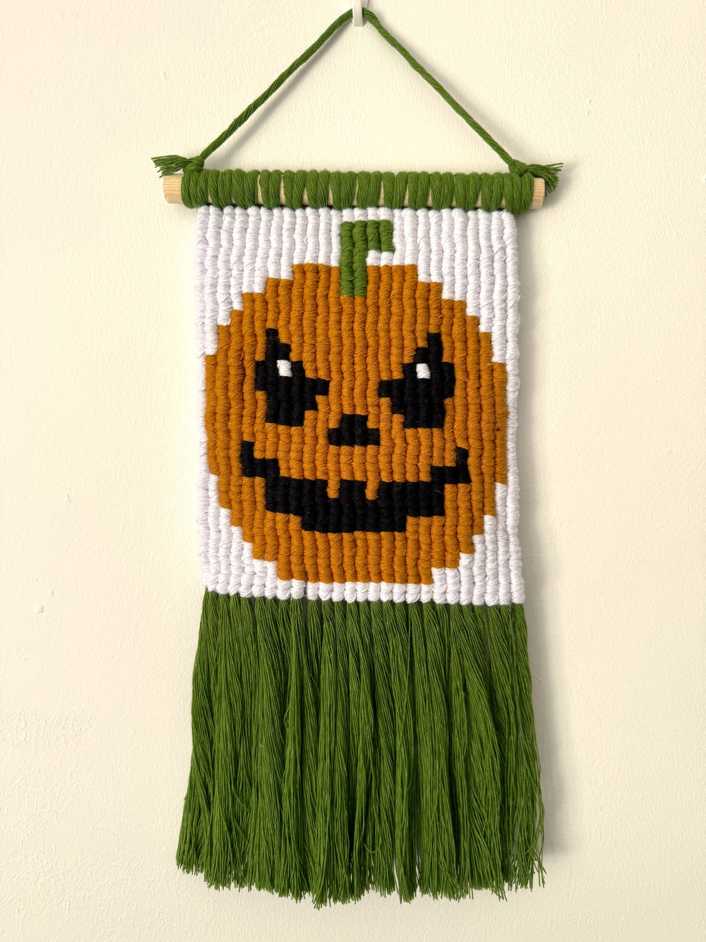 Handmade Pixel Jack-O'-Lantern Macrame Wall Hanging | Custom Halloween Decor