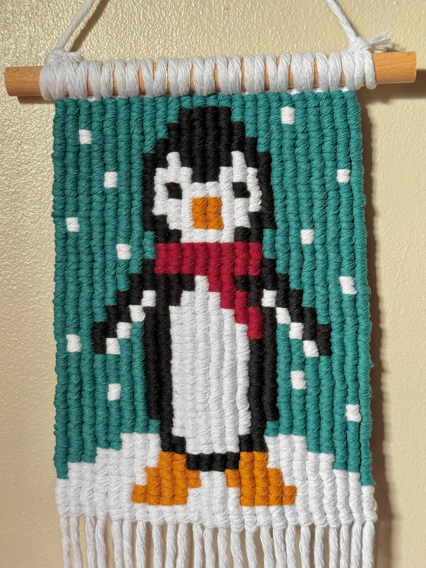 Pixel Penguin Macrame Wall Hanging | Handmade Christmas Winter Decor | Pixel Art Tapestry