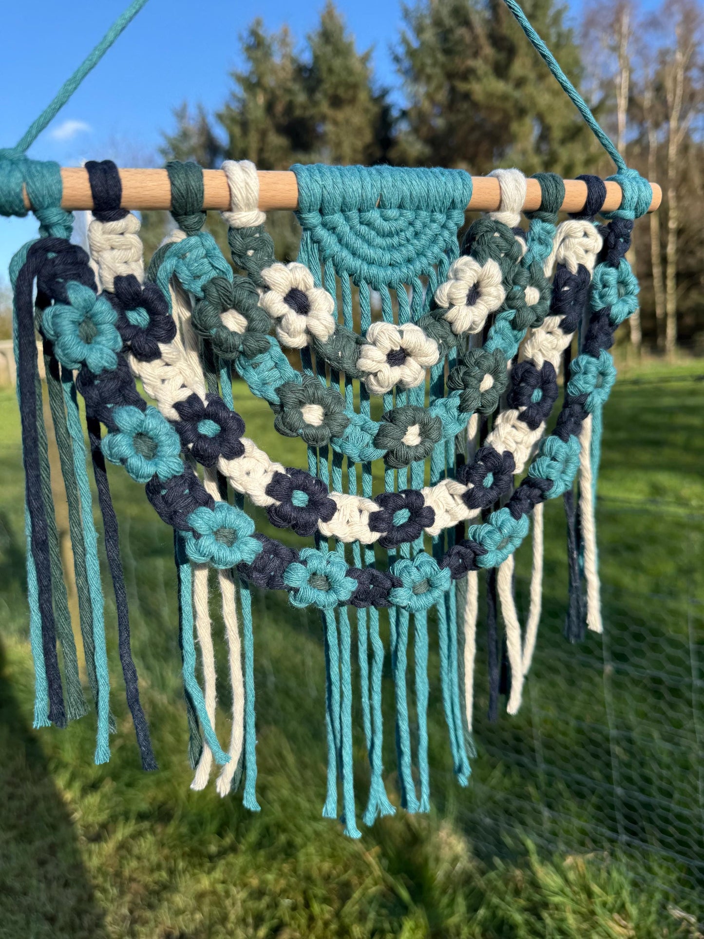 Floral Macrame Wall Hanging | Handmade Blue & Green Boho Decor | Daisy Tapestry