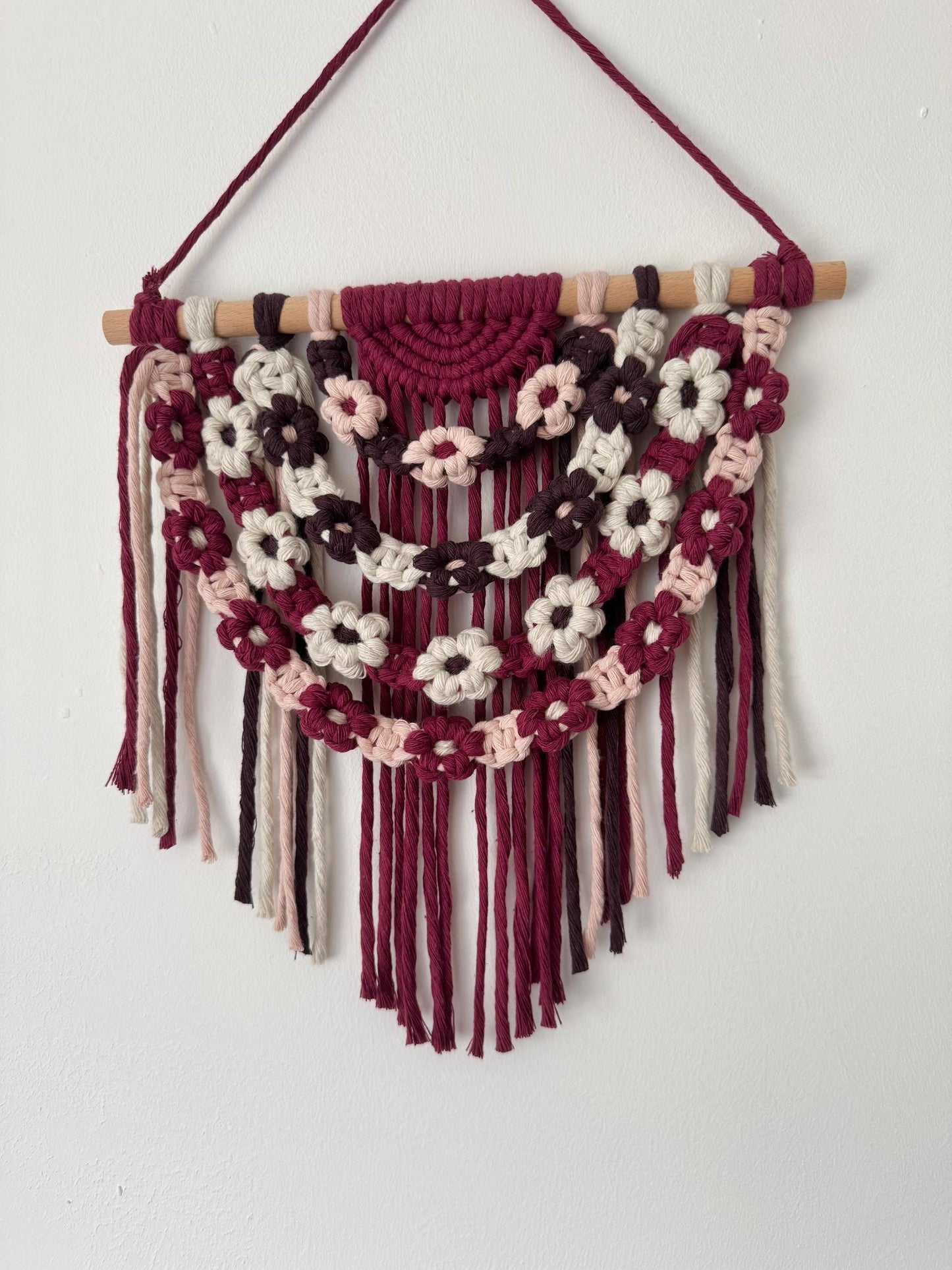 Floral Macrame Wall Hanging | Burgundy, Pink & Brown Boho Decor