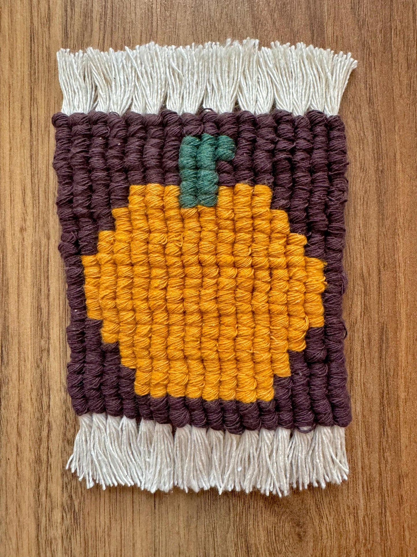 Autumn Macrame Coasters | Pixel Pumpkin, Mushroom & Leaf Drink Mats