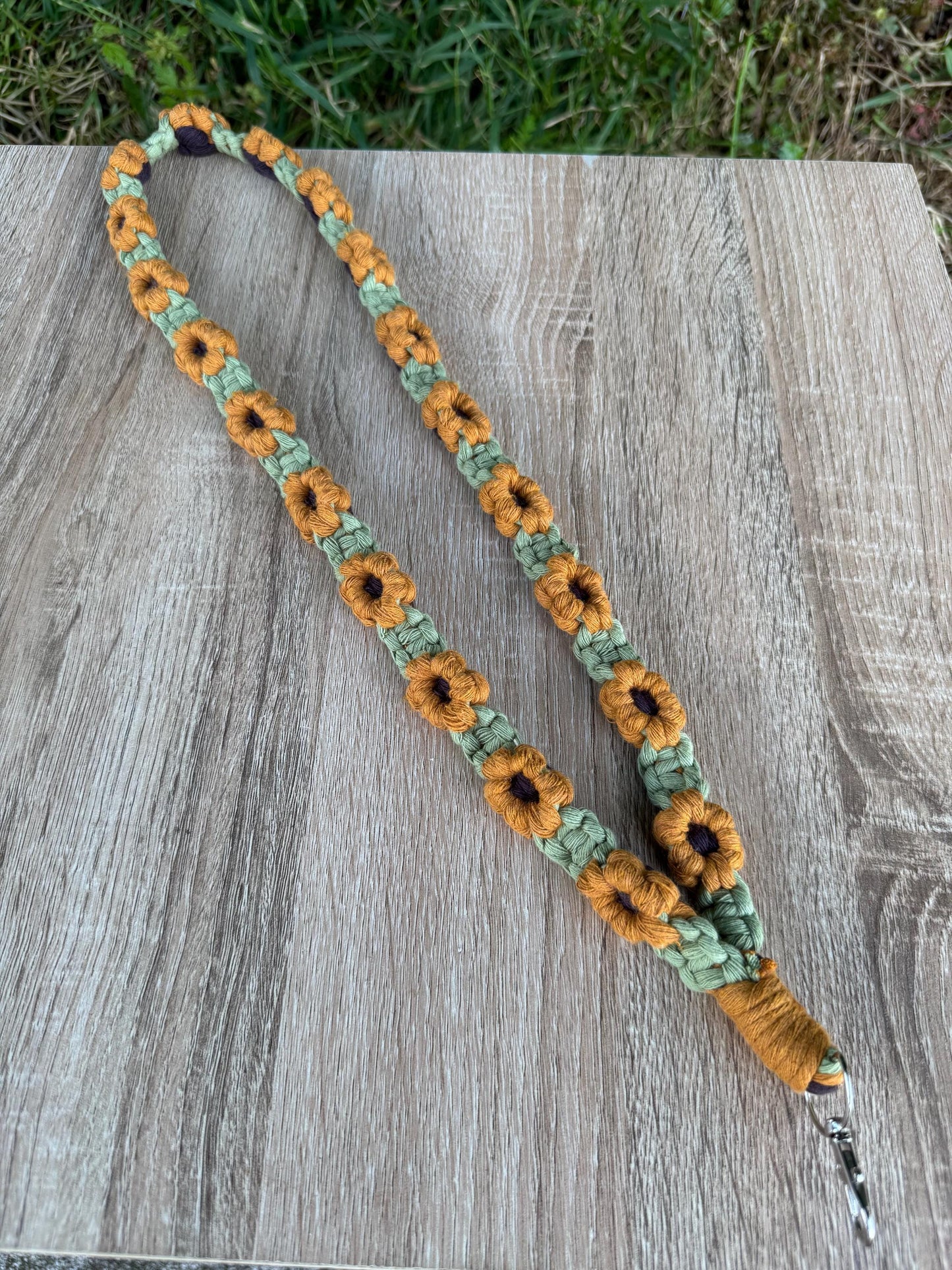 Handmade Macrame Flower Lanyard | Ready-to-Post Studio Sample | Sunflowers ID Holder