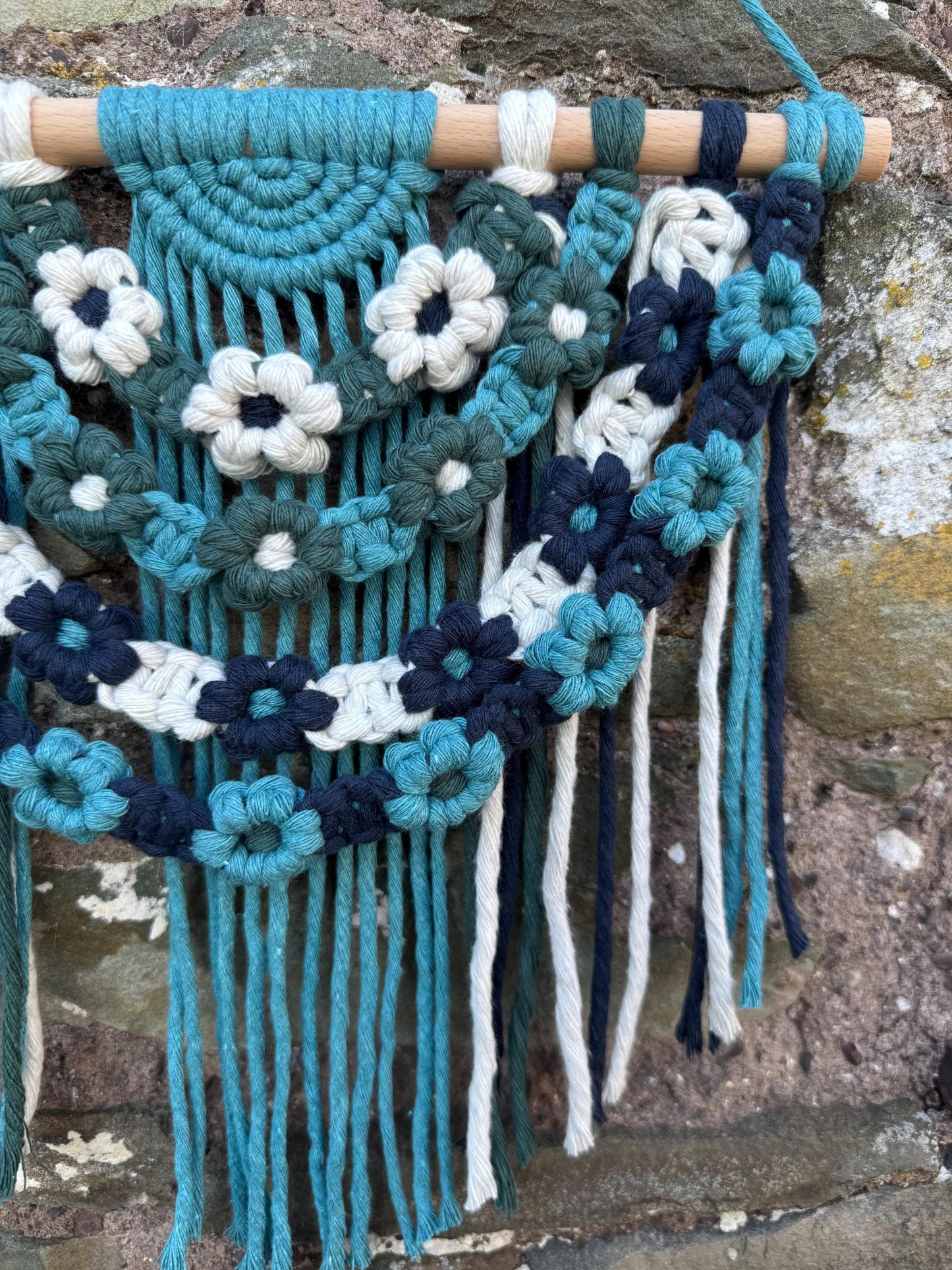 Floral Macrame Wall Hanging | Handmade Blue & Green Boho Decor | Daisy Tapestry