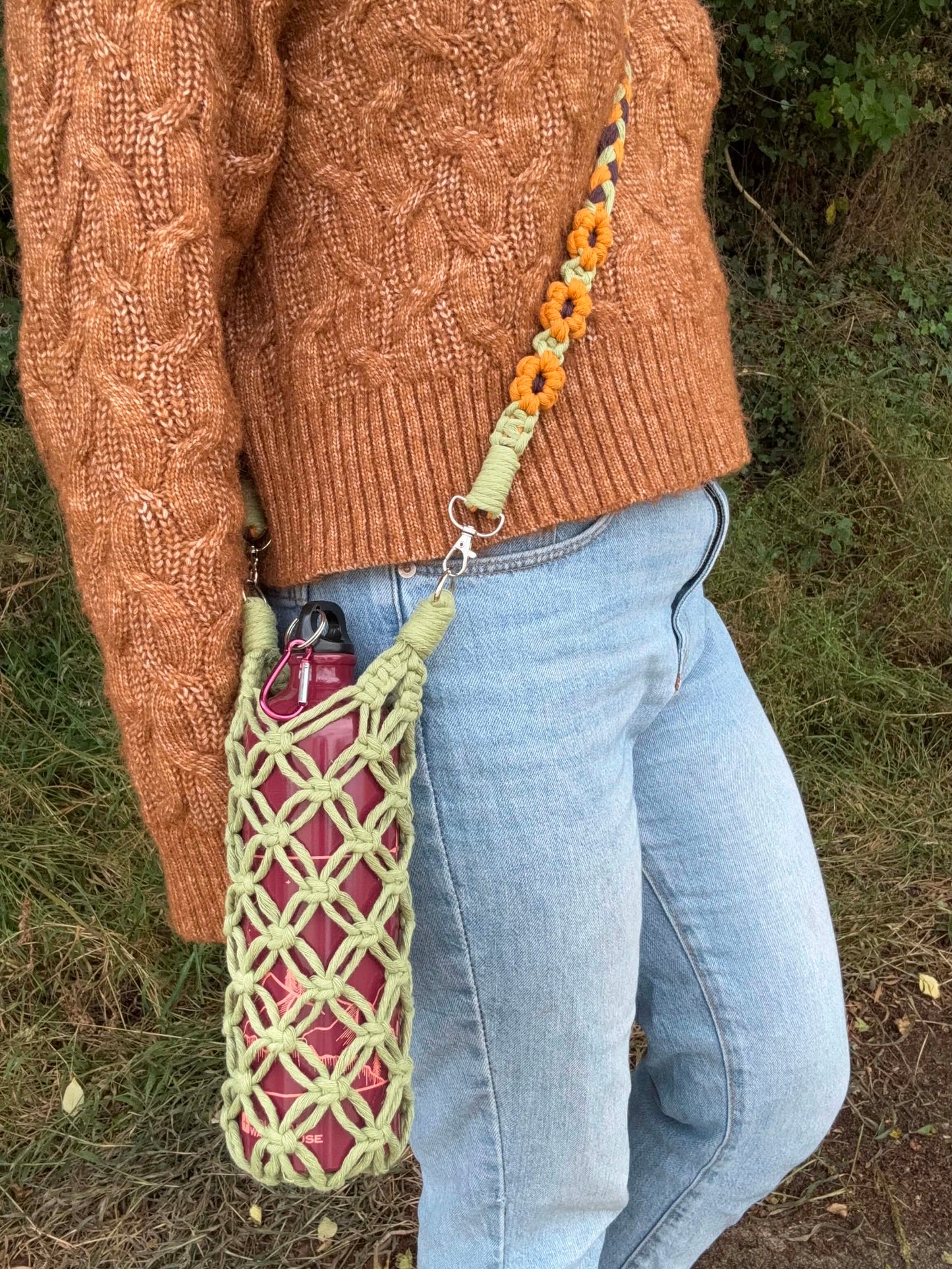 Macrame Water Bottle Holder | Custom Floral and Braided Flask Carrier | Detachable Mix-and-Match Strap