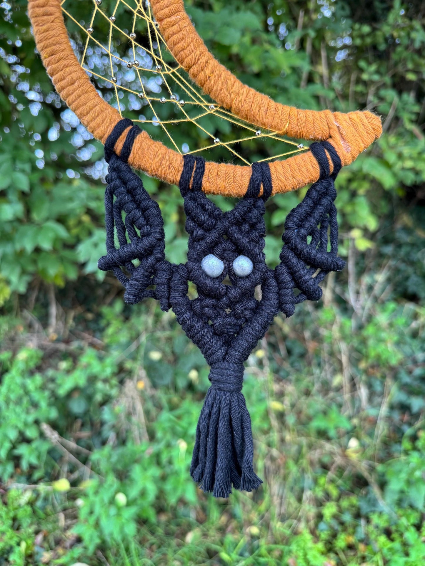 Bat and Moon Macrame Wall Hanging | Handmade Halloween Dreamcatcher