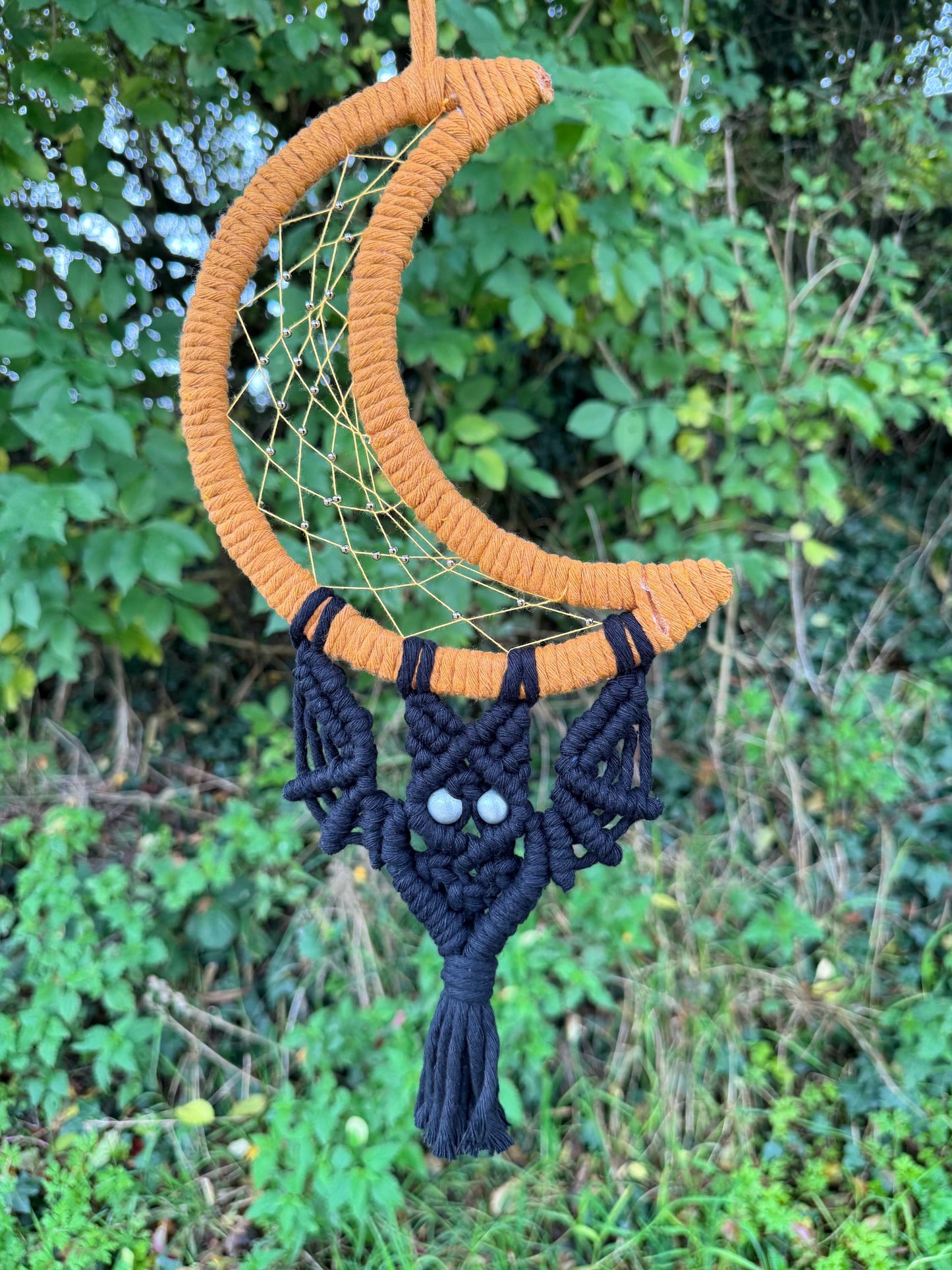 Bat and Moon Macrame Wall Hanging | Handmade Halloween Dreamcatcher