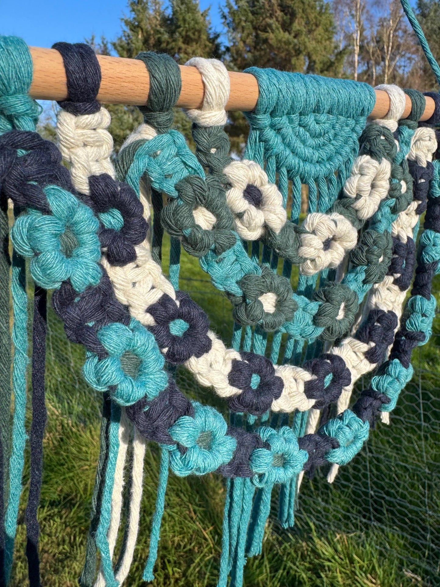 Floral Macrame Wall Hanging | Handmade Blue & Green Boho Decor | Daisy Tapestry