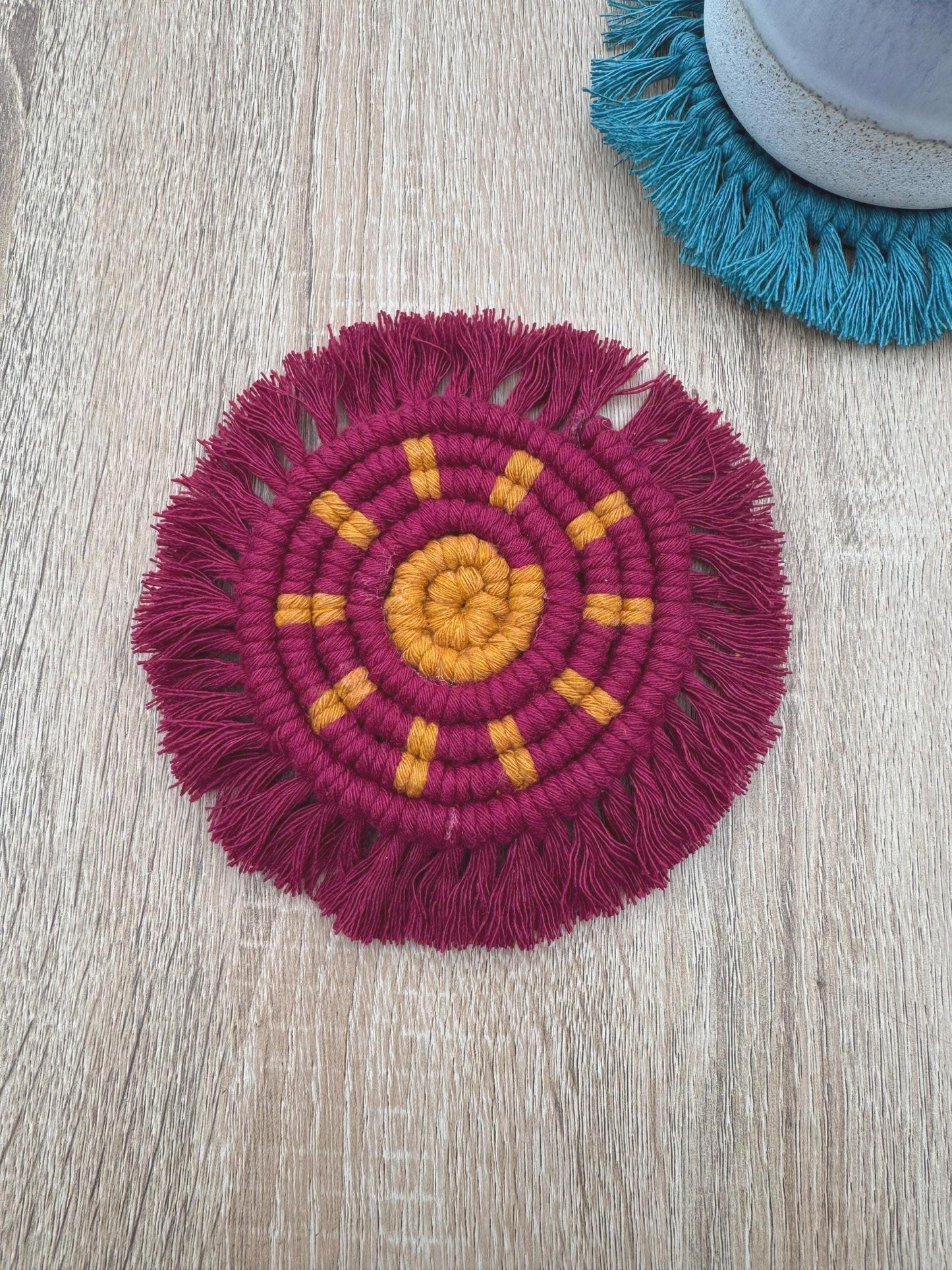Burgundy Macrame Sun Coaster | Ready-to-Post Studio Sample | Handmade Cotton Mug Rug | Celestial Home Decor
