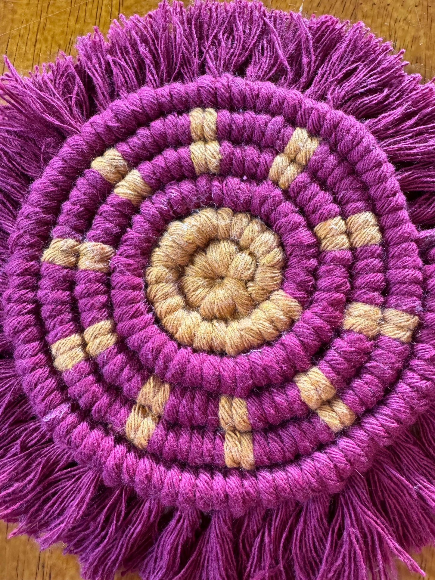 Burgundy Macrame Sun Coaster | Ready-to-Post Studio Sample | Handmade Cotton Mug Rug | Celestial Home Decor