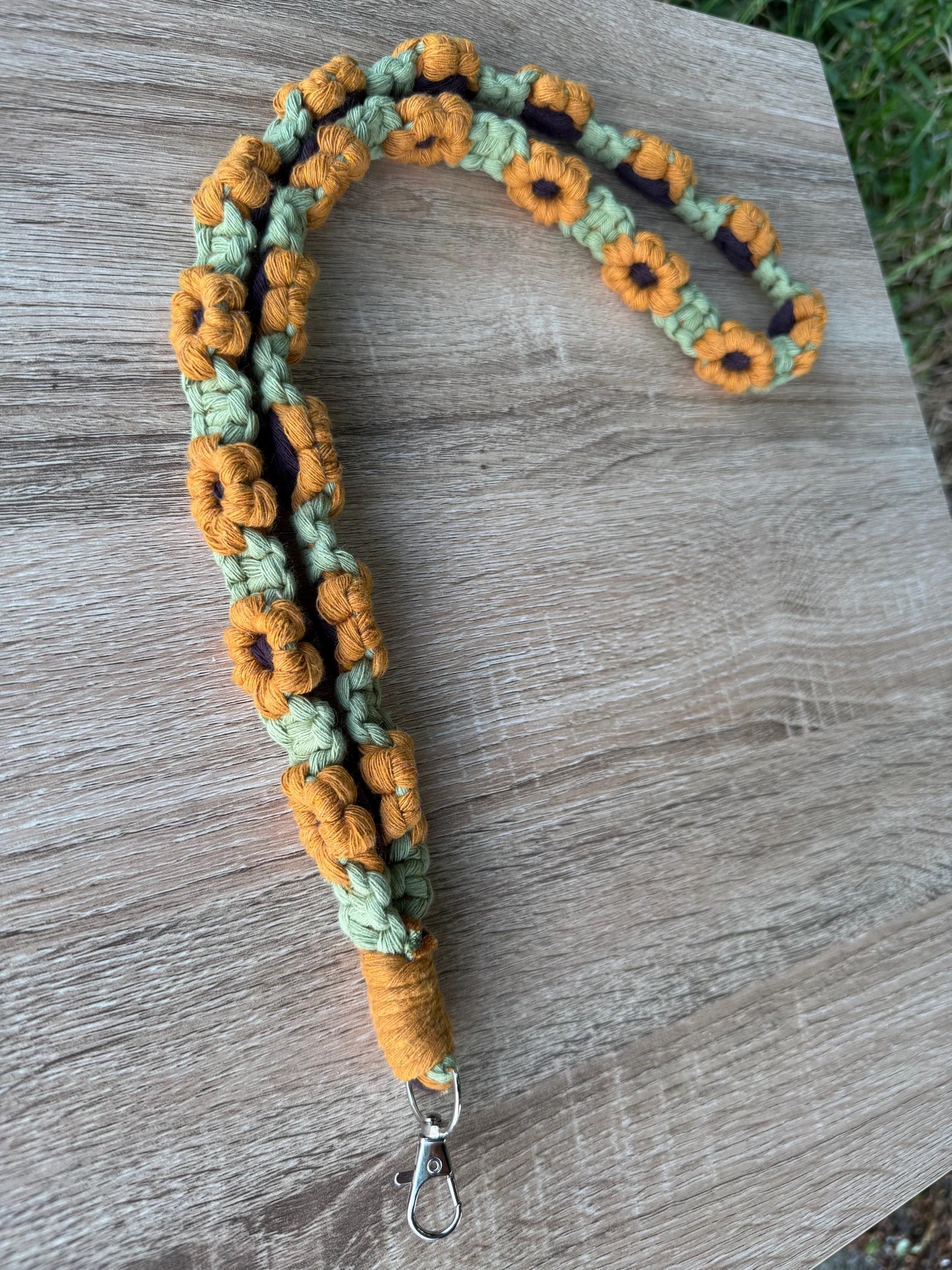Handmade Macrame Flower Lanyard | Ready-to-Post Studio Sample | Sunflowers ID Holder