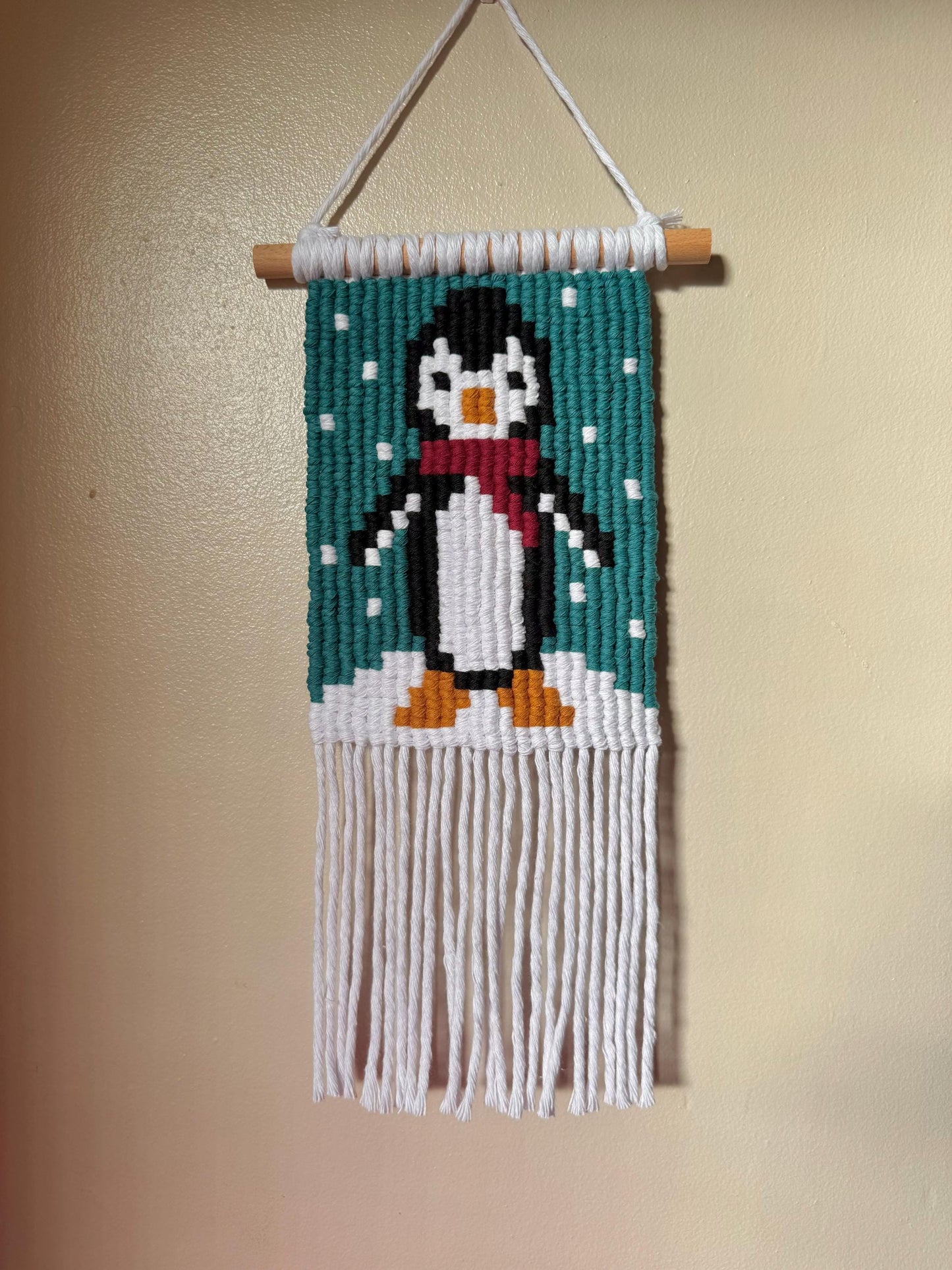 Pixel Penguin Macrame Wall Hanging | Handmade Christmas Winter Decor | Pixel Art Tapestry