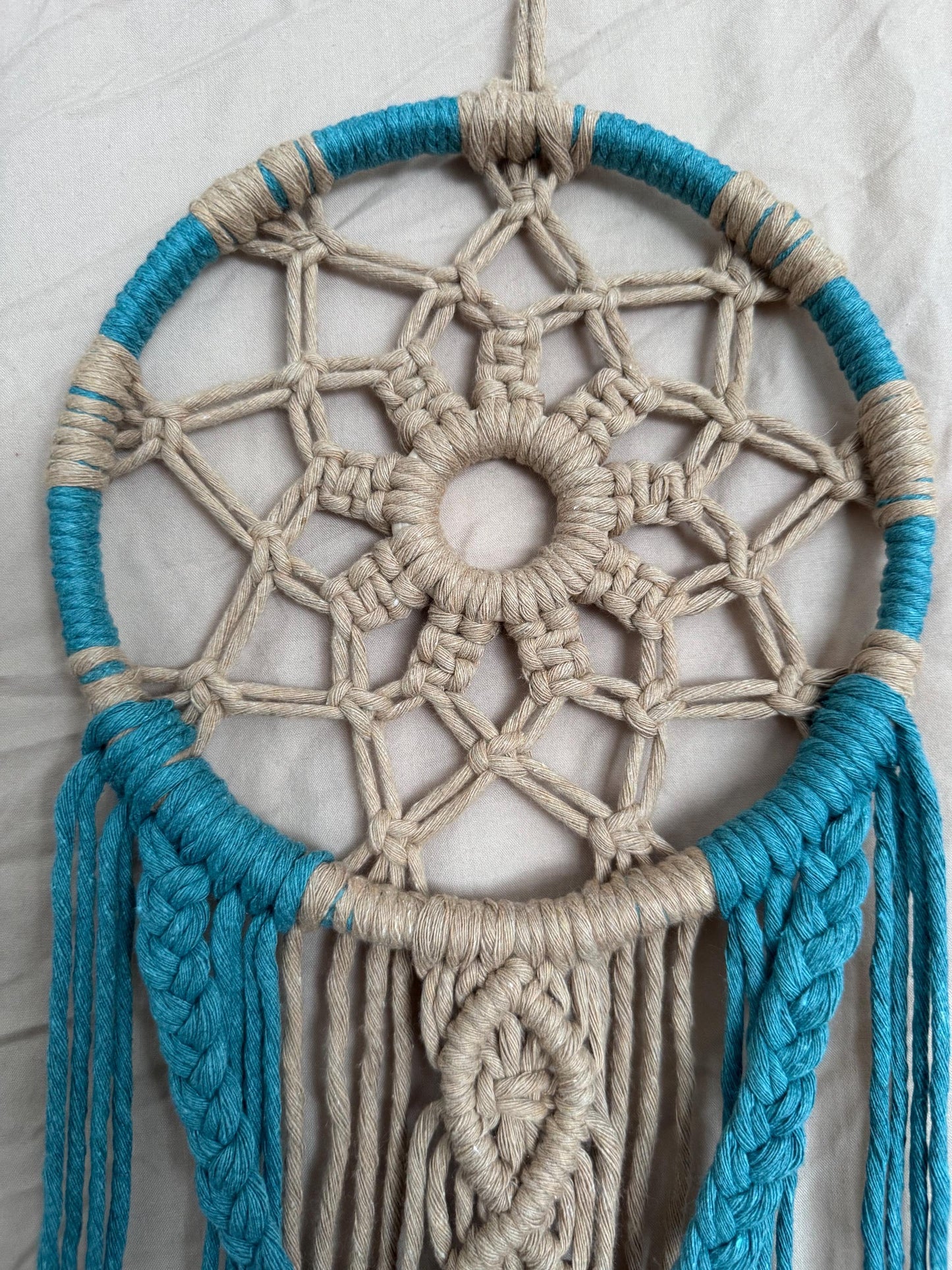 Blue & Sand Macrame Dreamcatcher | Ready-to-Post Studio Sample | Boho Fiber Art Wall Hanging