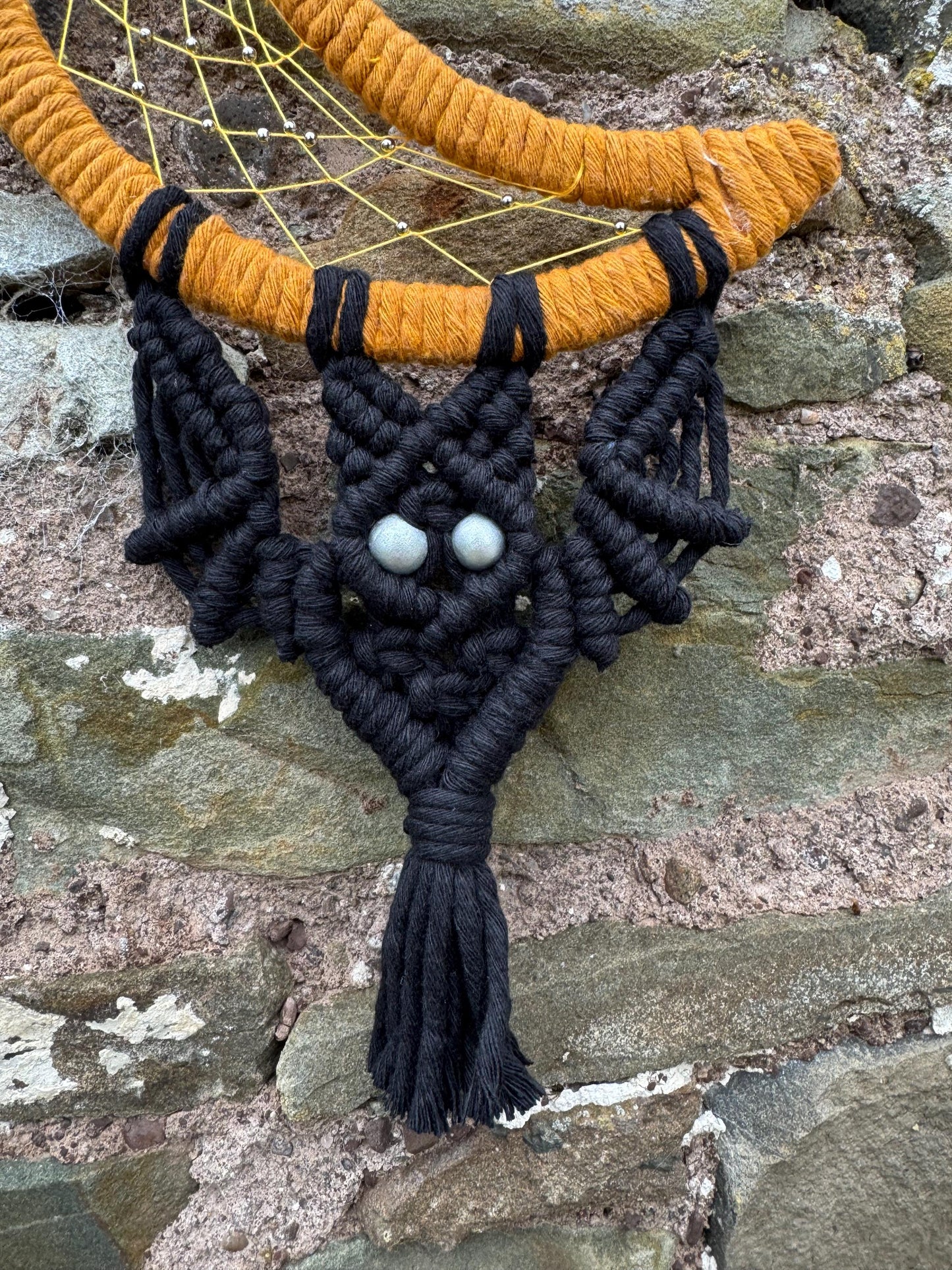 Bat and Moon Macrame Wall Hanging | Handmade Halloween Dreamcatcher