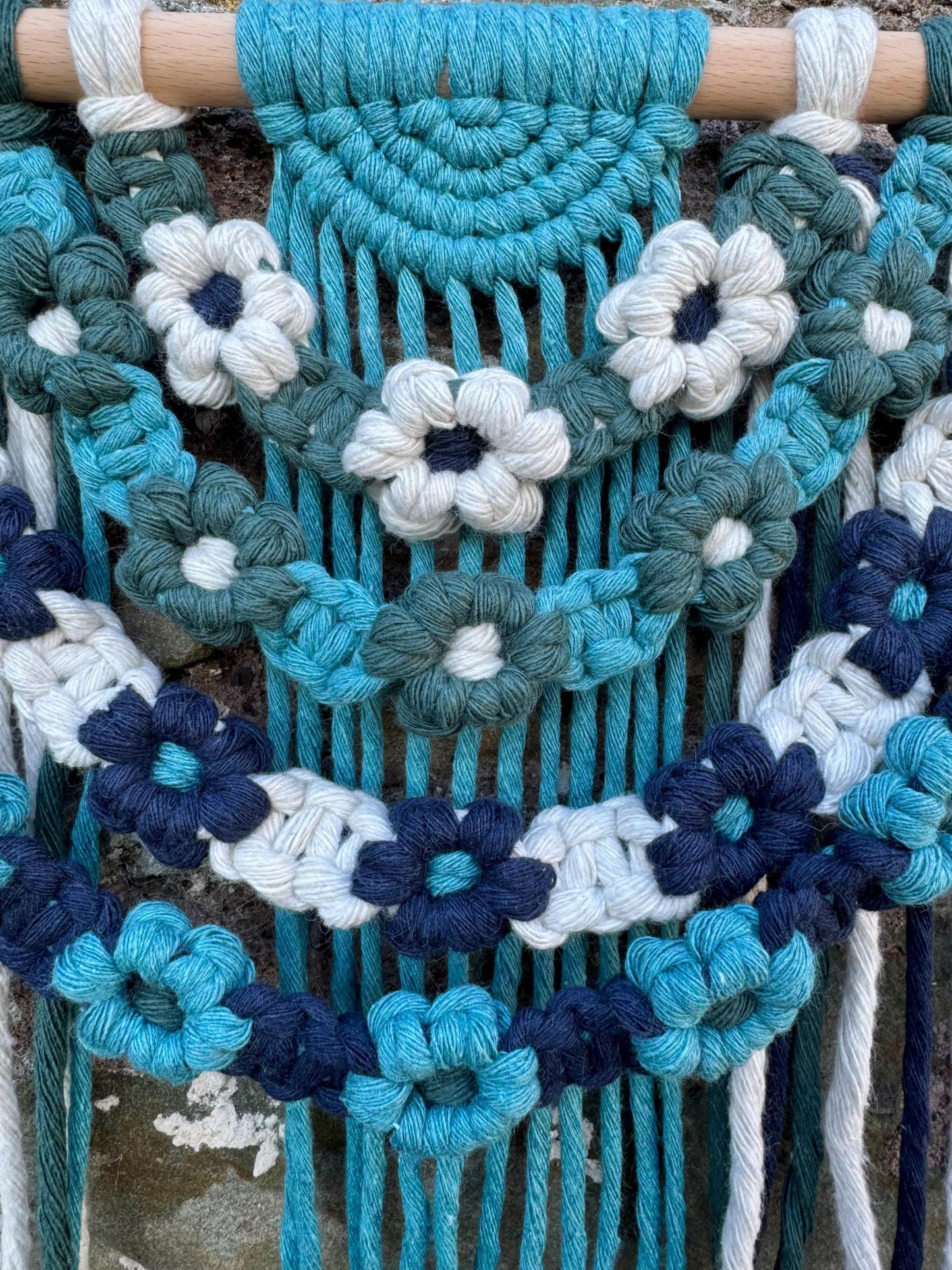 Floral Macrame Wall Hanging | Handmade Blue & Green Boho Decor | Daisy Tapestry