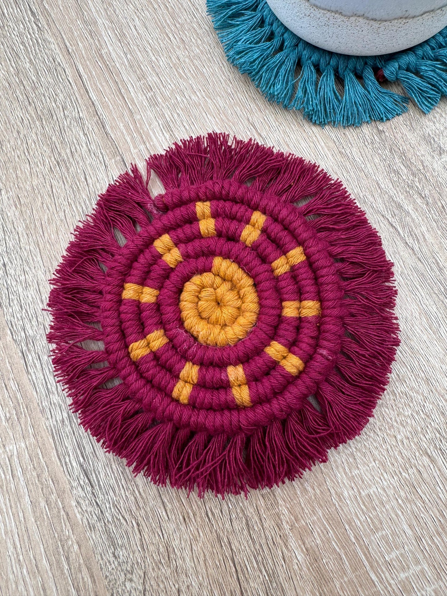 Burgundy Macrame Sun Coaster | Ready-to-Post Studio Sample | Handmade Cotton Mug Rug | Celestial Home Decor