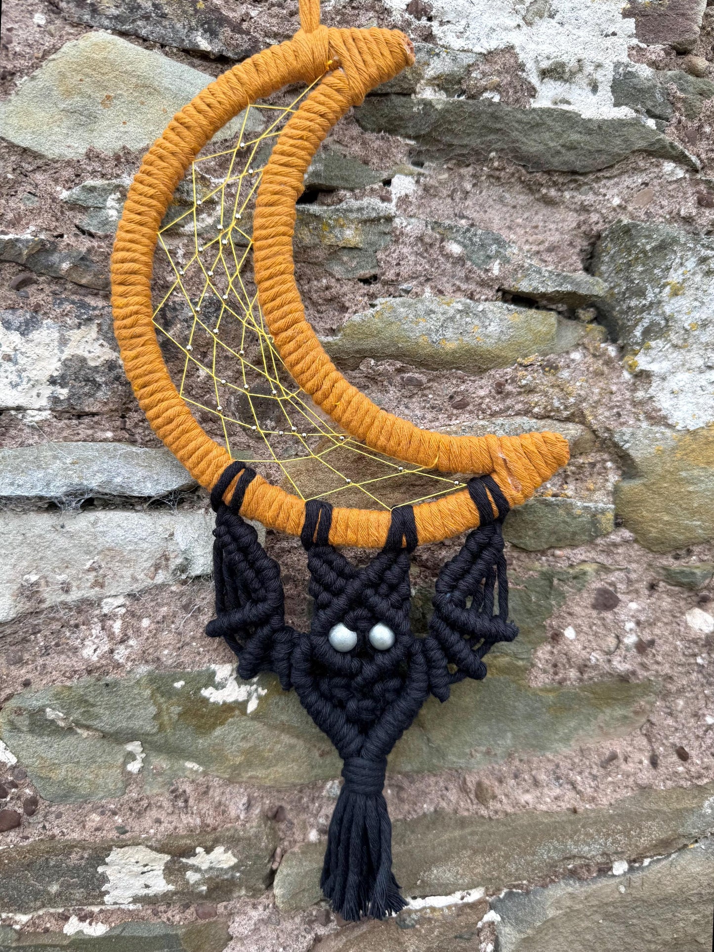 Bat and Moon Macrame Wall Hanging | Handmade Halloween Dreamcatcher