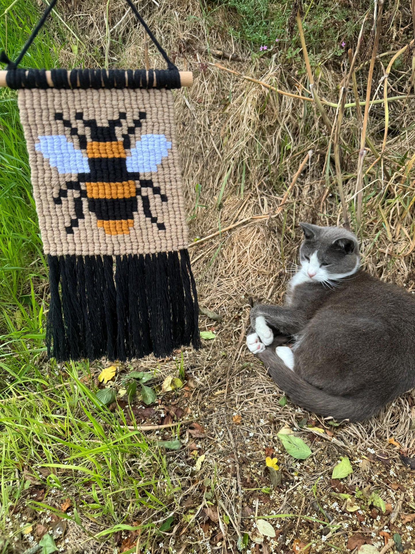 Macrame Bee Wall Hanging | Handmade Bumblebee Pixel Art | Custom Boho Home Decor