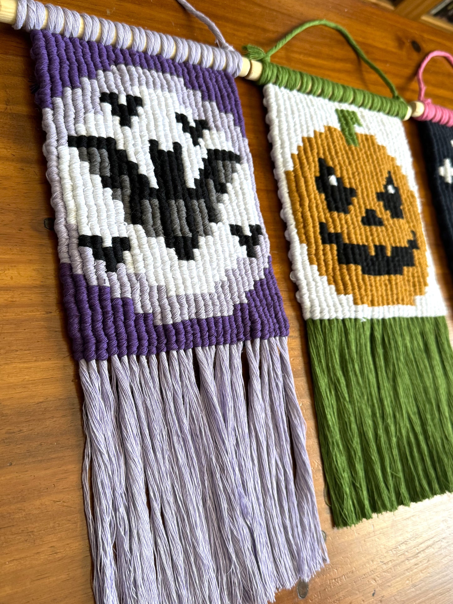 Bats Pixel Macrame Wall Hanging | Custom Spooky Halloween Full Moon Tapestry