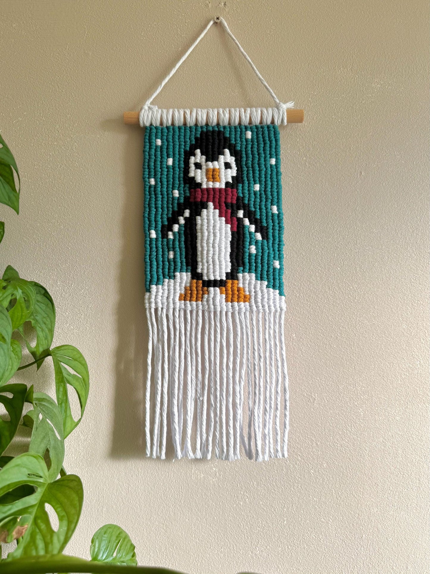 Pixel Penguin Macrame Wall Hanging | Handmade Christmas Winter Decor | Pixel Art Tapestry