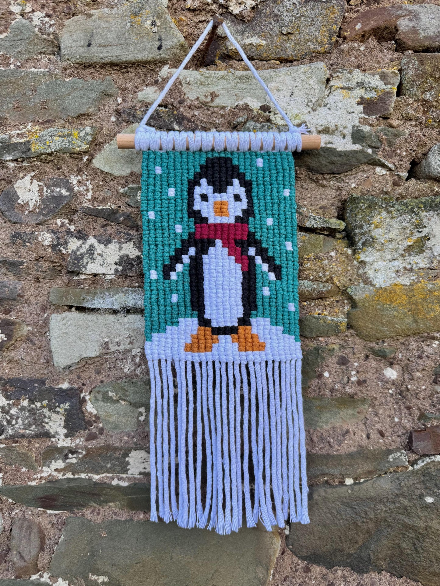 Pixel Penguin Macrame Wall Hanging | Handmade Christmas Winter Decor | Pixel Art Tapestry