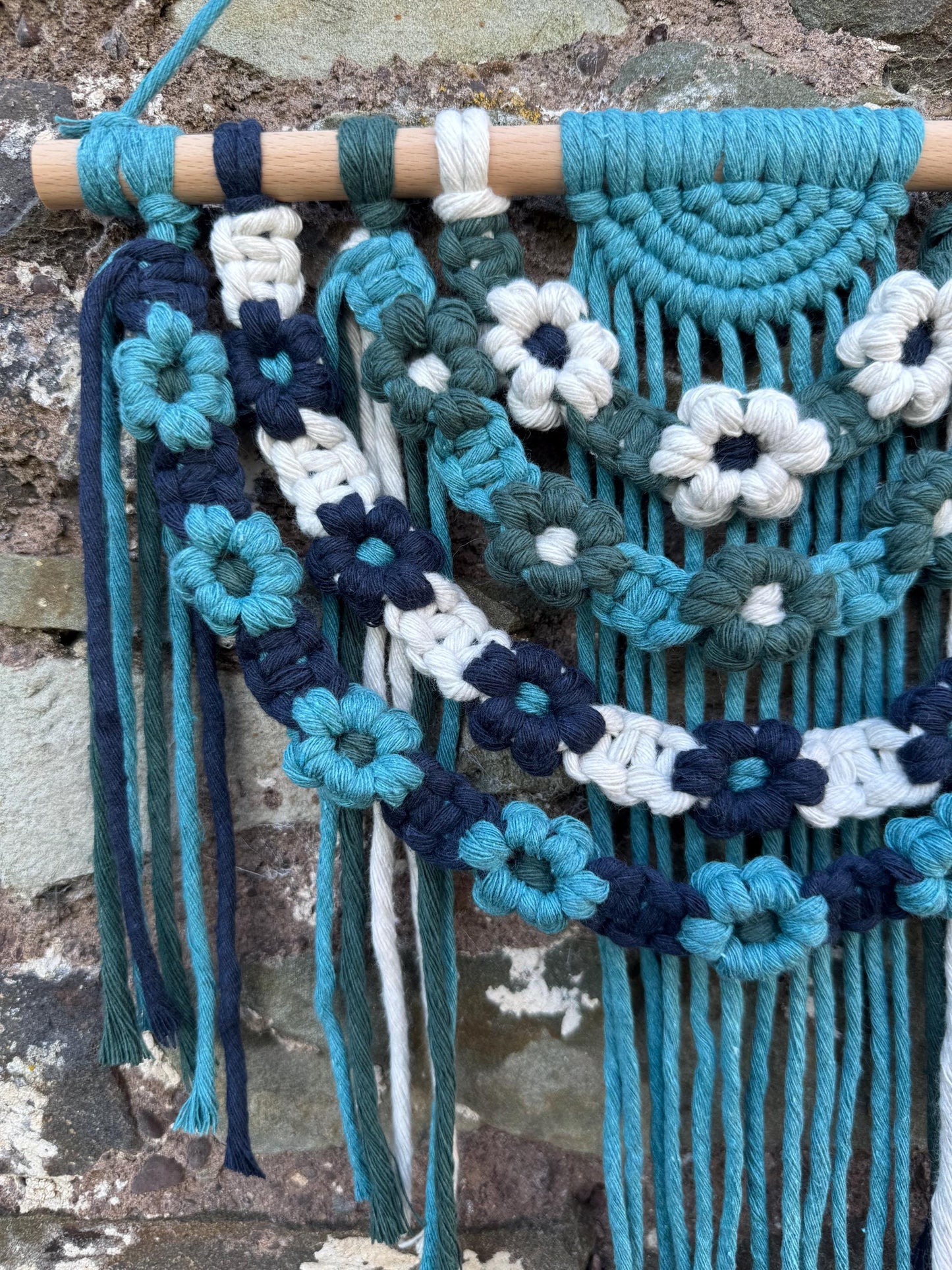 Floral Macrame Wall Hanging | Handmade Blue & Green Boho Decor | Daisy Tapestry