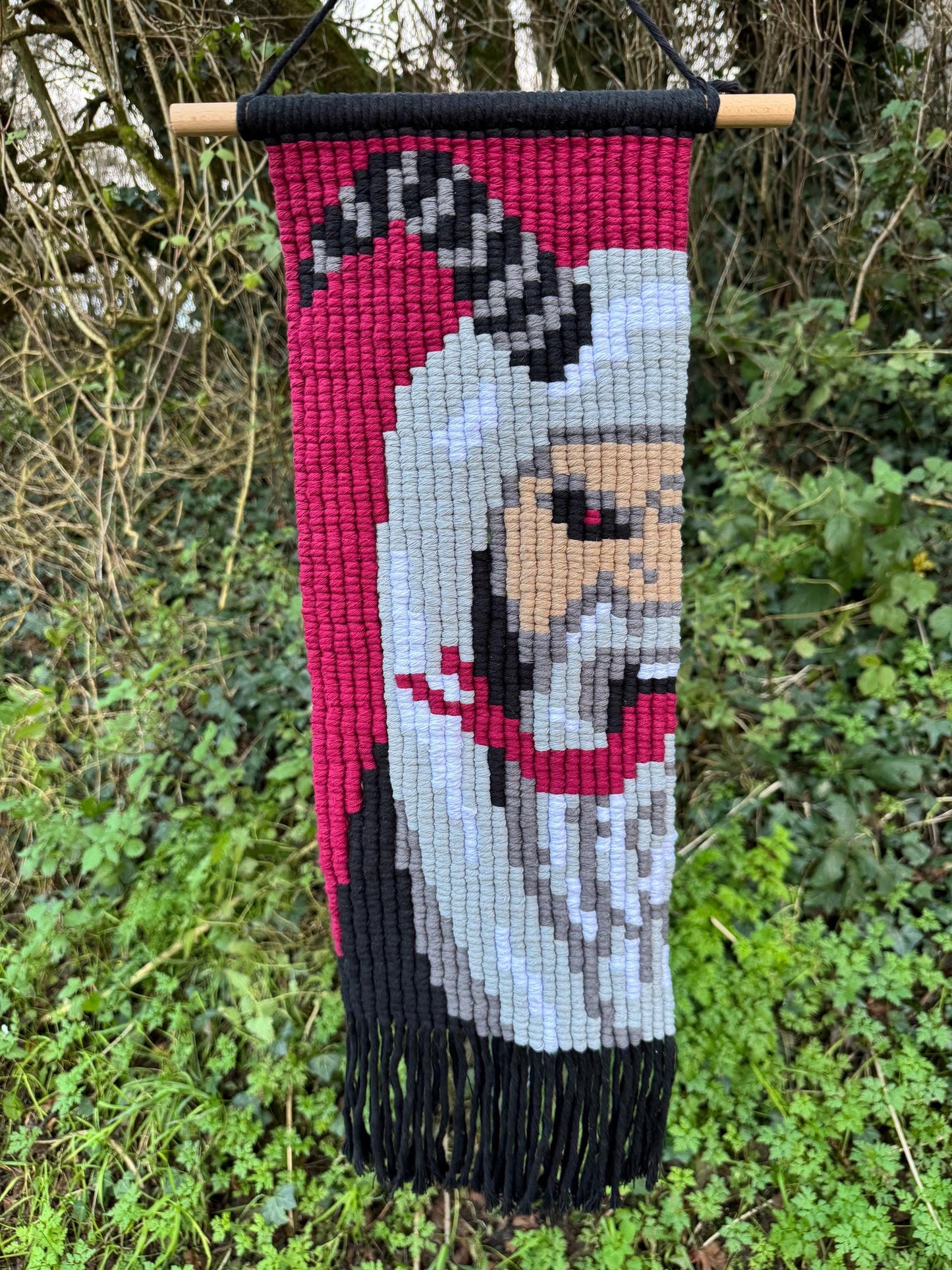 Macrame Krampus Wall Hanging | Spooky Christmas Pixel Art | Handmade Folk Horror Tapestry