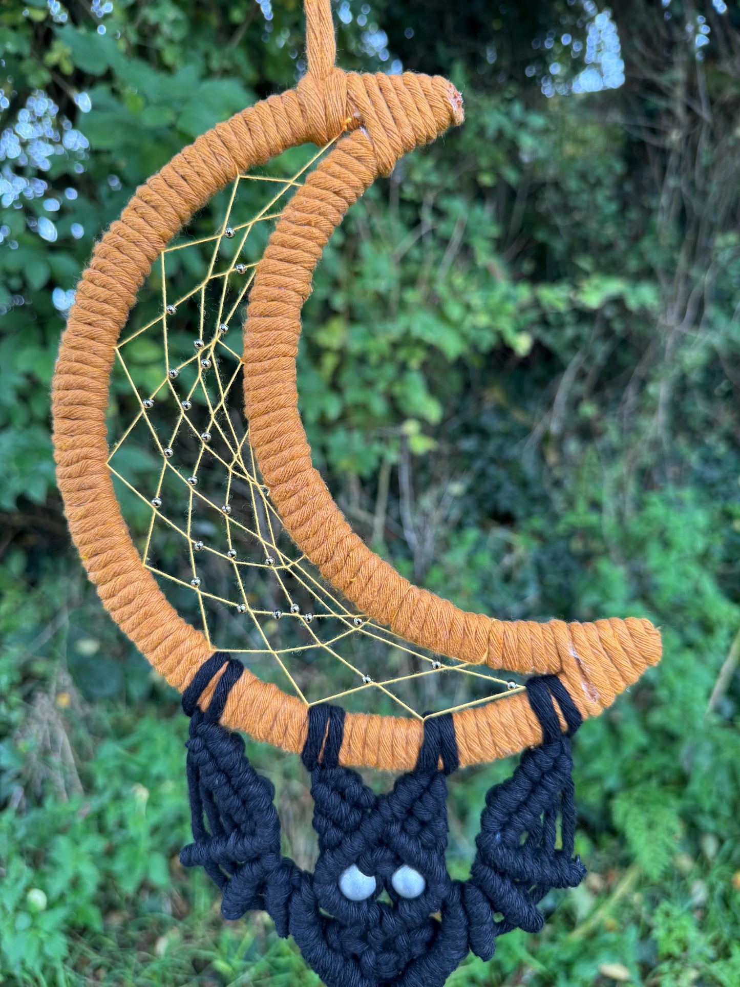 Bat and Moon Macrame Wall Hanging | Handmade Halloween Dreamcatcher