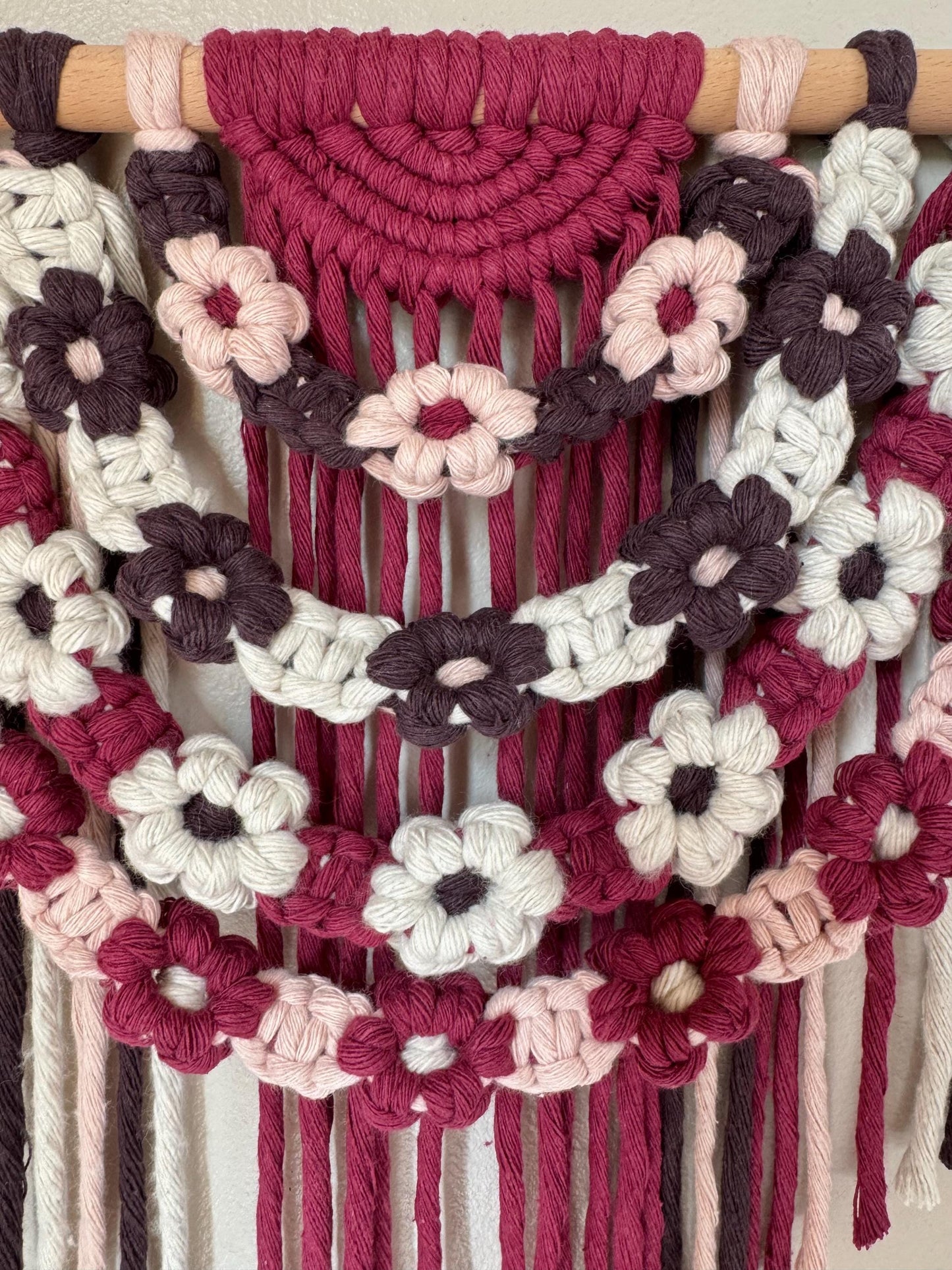 Floral Macrame Wall Hanging | Burgundy, Pink & Brown Boho Decor