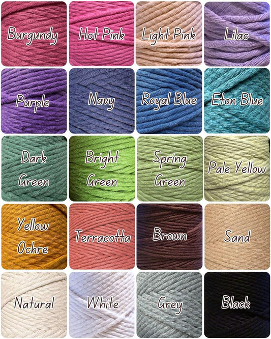 Collection of cotton macrame cord samples in various colors with labels above each.