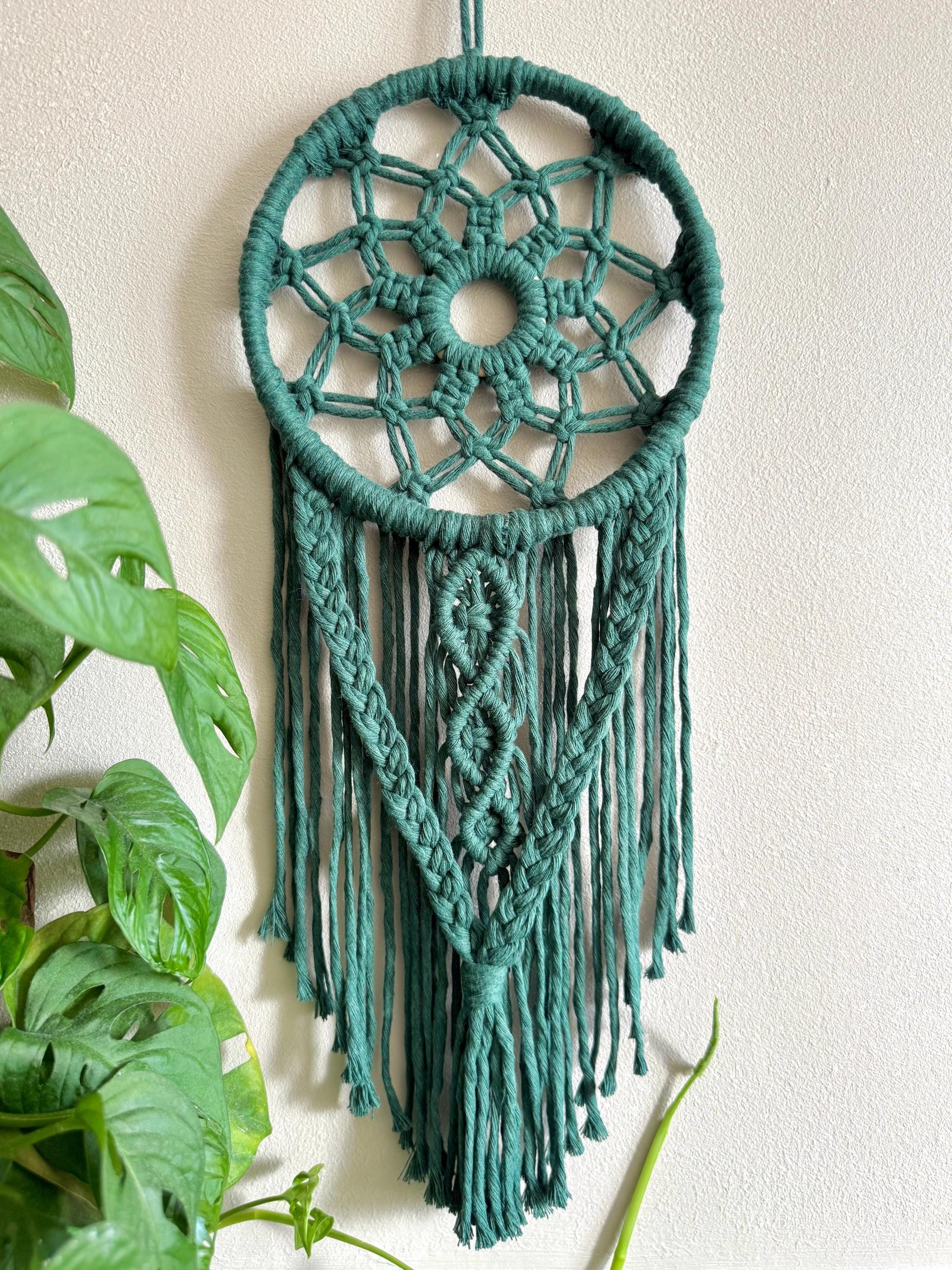 Dark green macrame wall hanging against a white wall with a plant on the left side.
