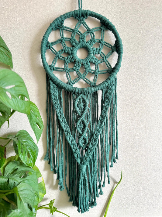 Dark green macrame wall hanging against a white wall with a plant on the left side.