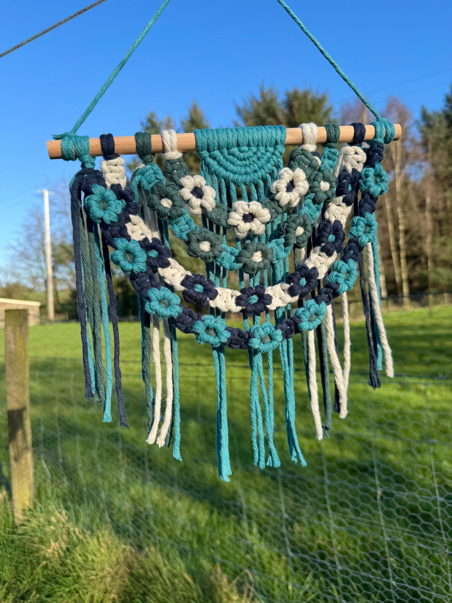 Floral Macrame Wall Hanging | Handmade Blue & Green Boho Decor | Daisy Tapestry