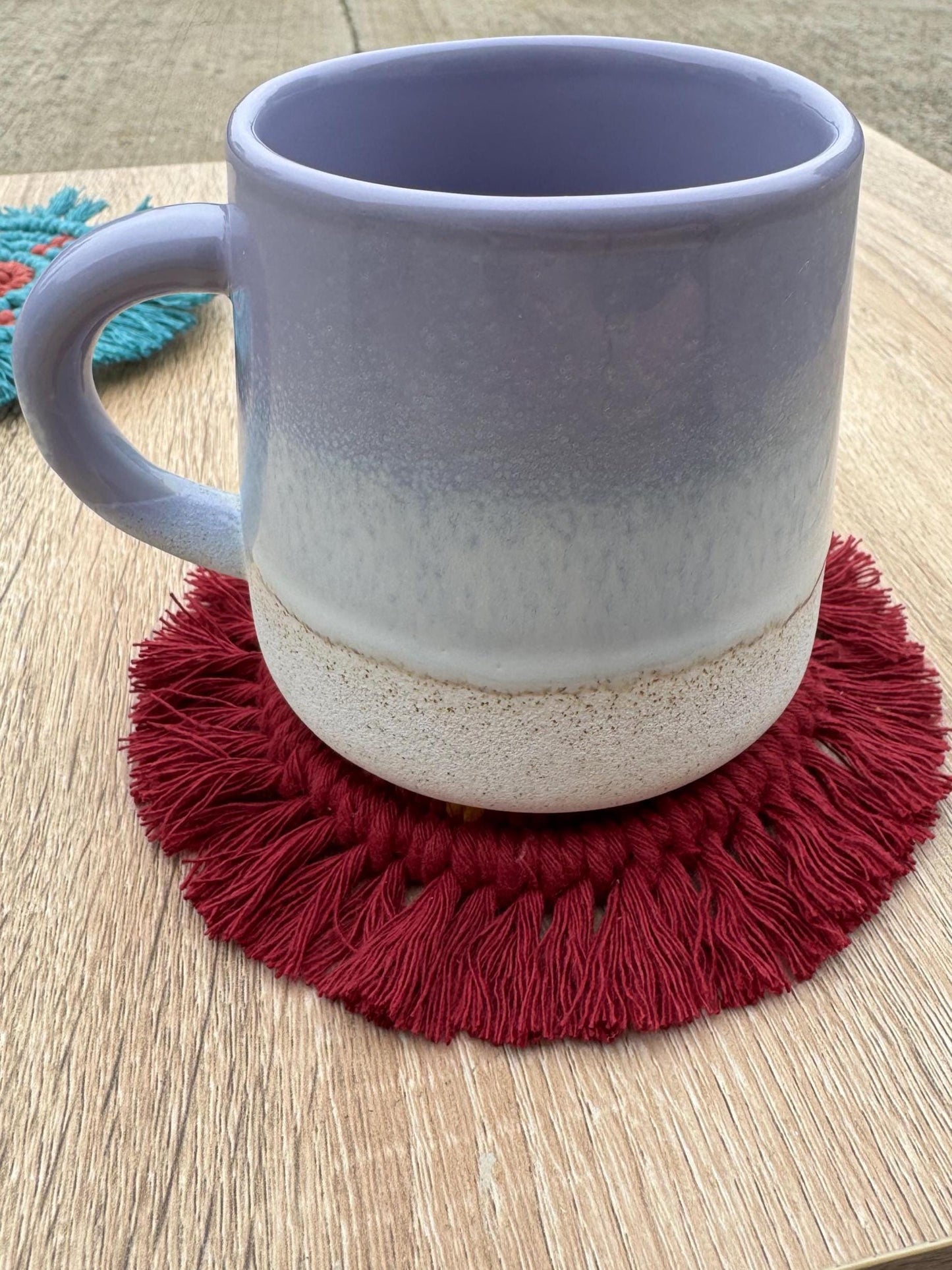 Burgundy Macrame Sun Coaster | Ready-to-Post Studio Sample | Handmade Cotton Mug Rug | Celestial Home Decor
