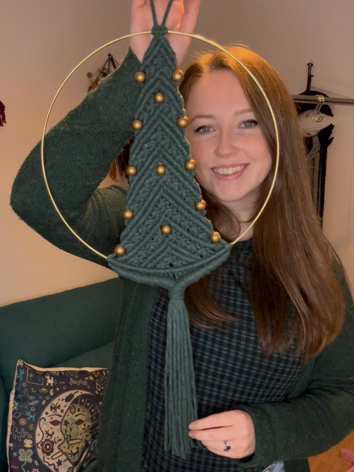 Boho Macrame Christmas Tree | Handmade Xmas Tree Decor | Green and Gold Winter Wall Art