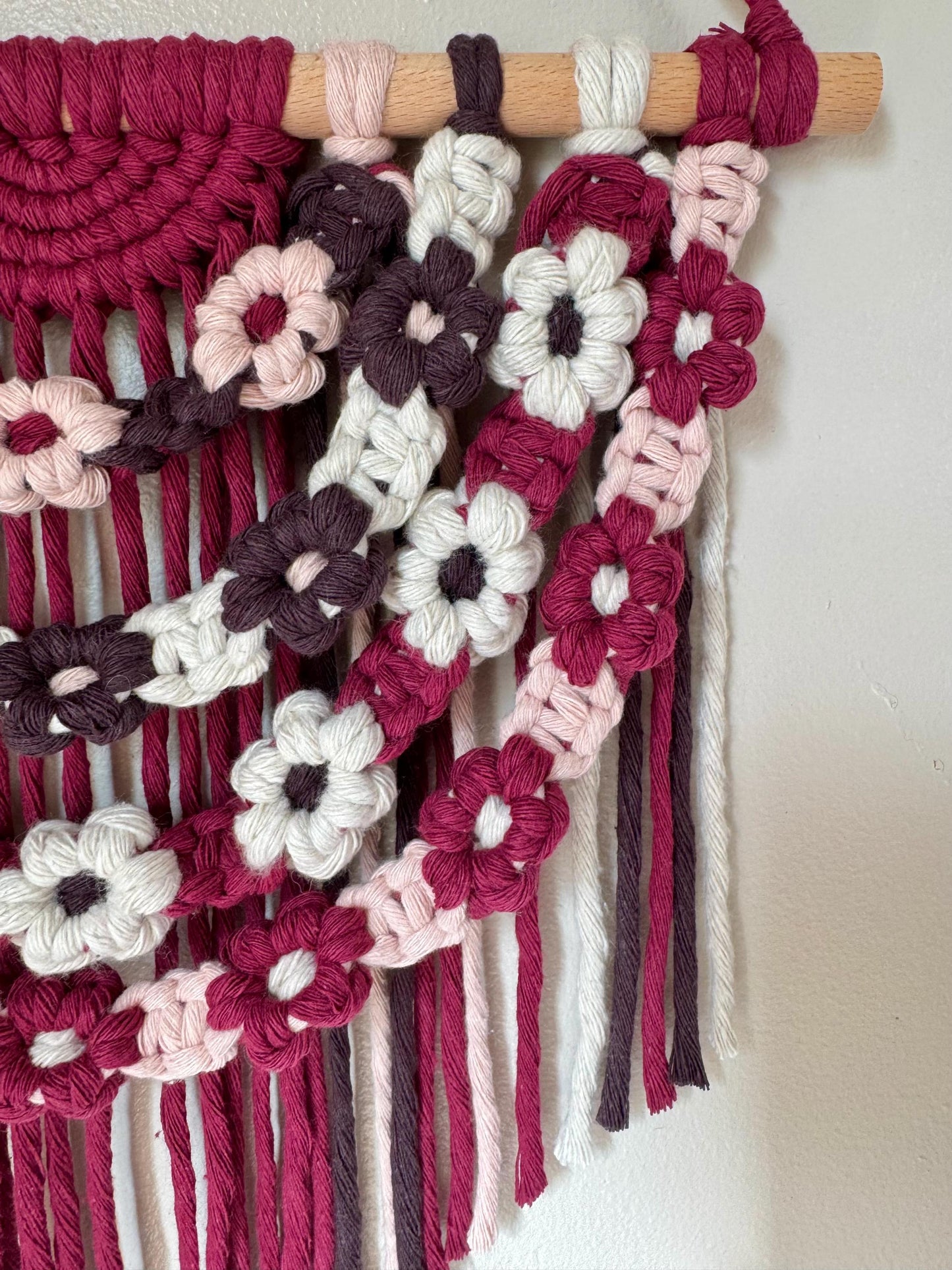 Floral Macrame Wall Hanging | Burgundy, Pink & Brown Boho Decor