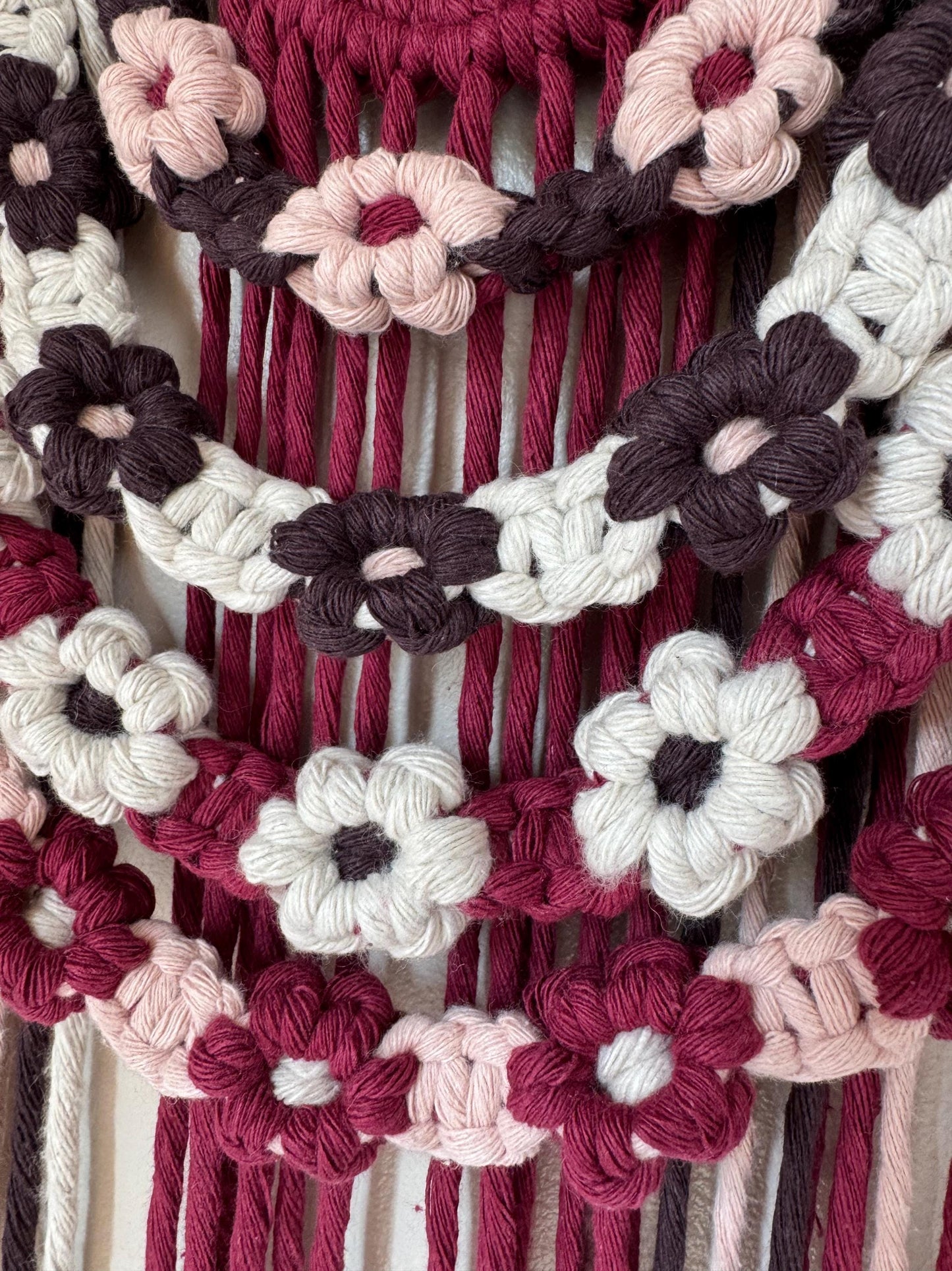 Floral Macrame Wall Hanging | Burgundy, Pink & Brown Boho Decor
