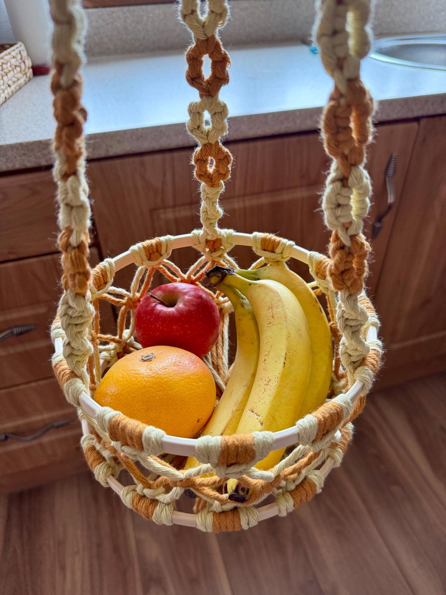 Floral Macrame Hanging Basket | Custom Coloured Plant Hanger | Handmade Decorative Fruit Basket with Tassel