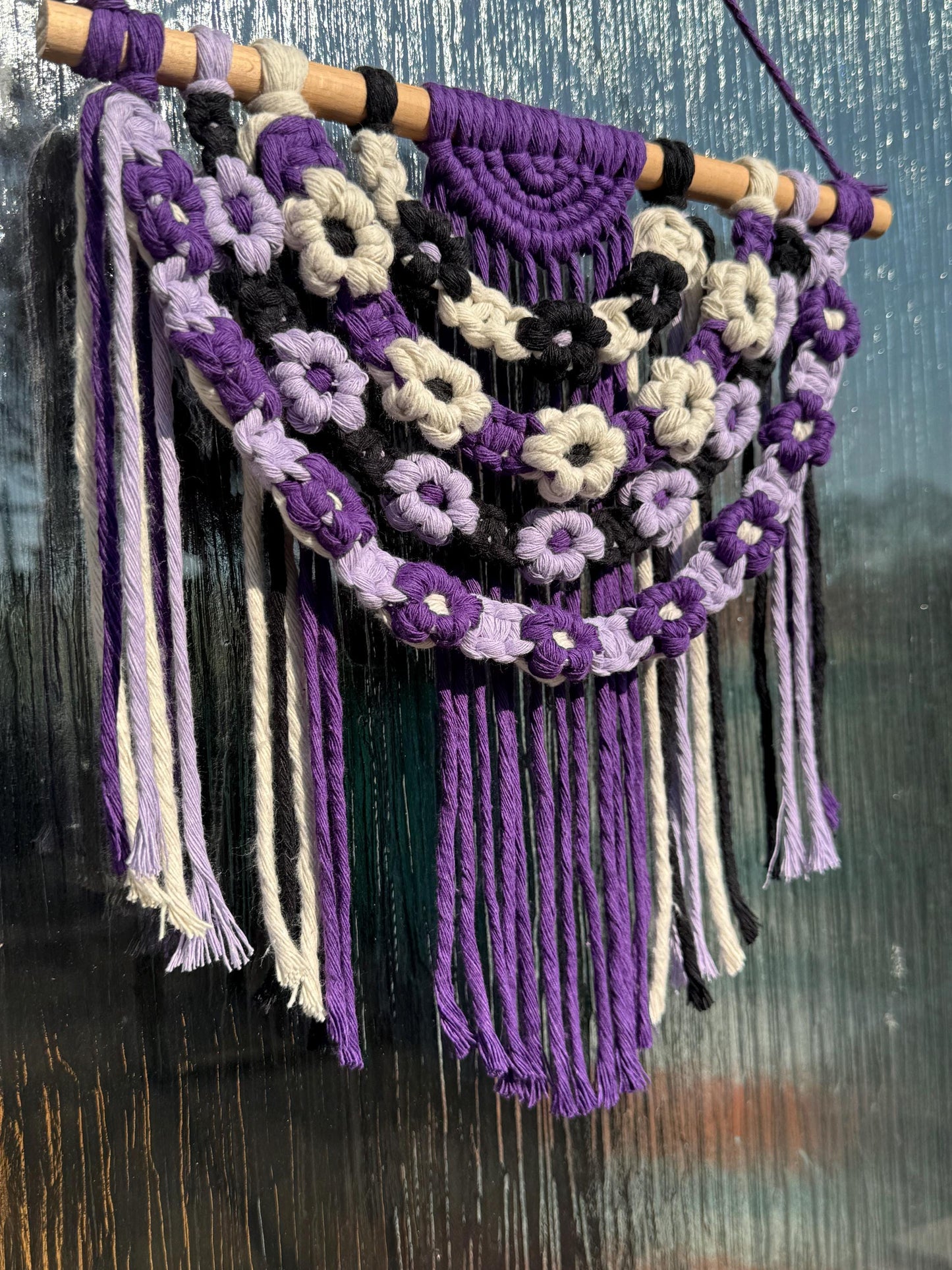 Floral Macrame Wall Hanging | Handmade Purple Boho Decor | Daisy Tapestry