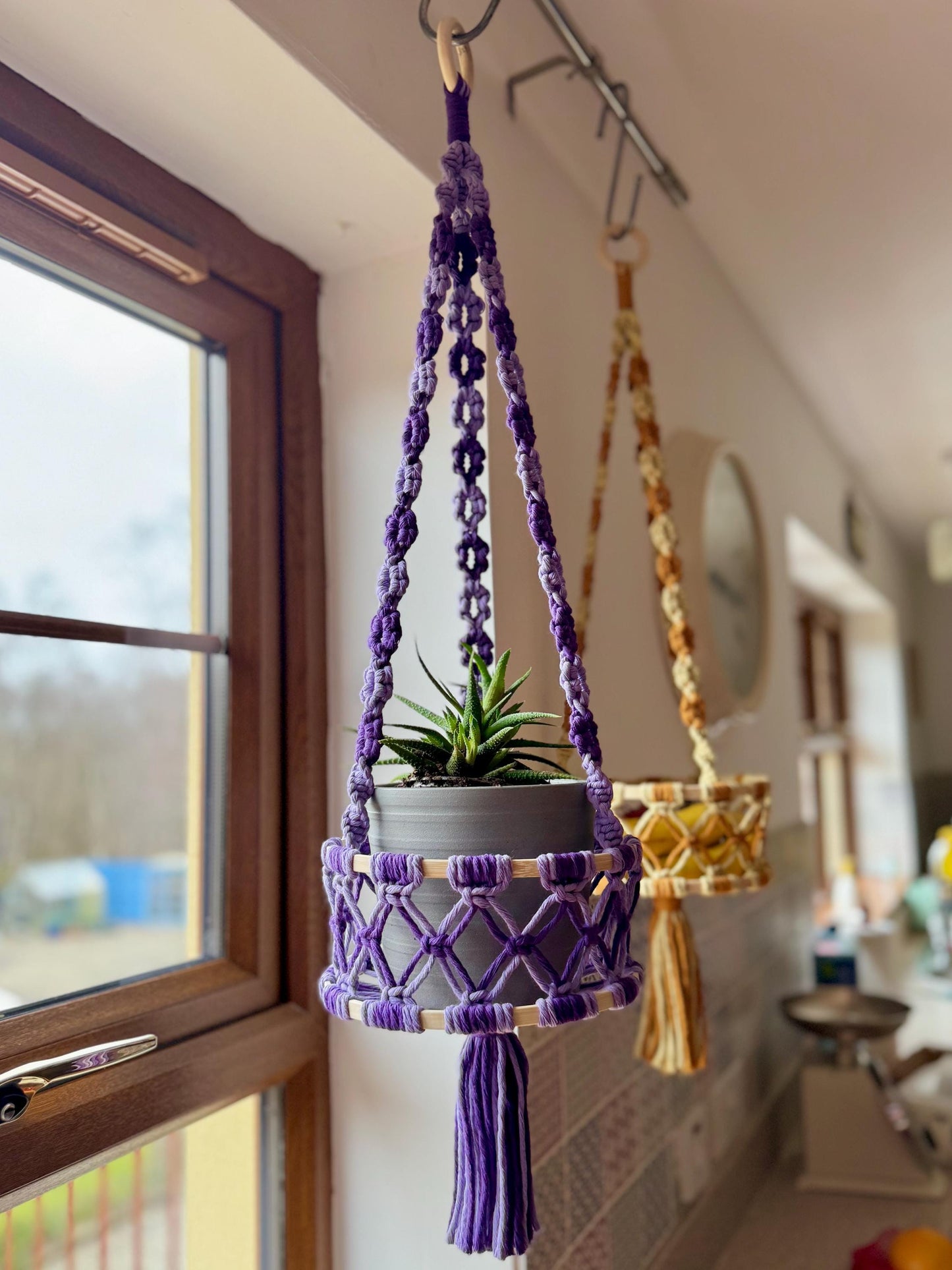 Floral Macrame Hanging Basket | Custom Coloured Plant Hanger | Handmade Decorative Fruit Basket with Tassel