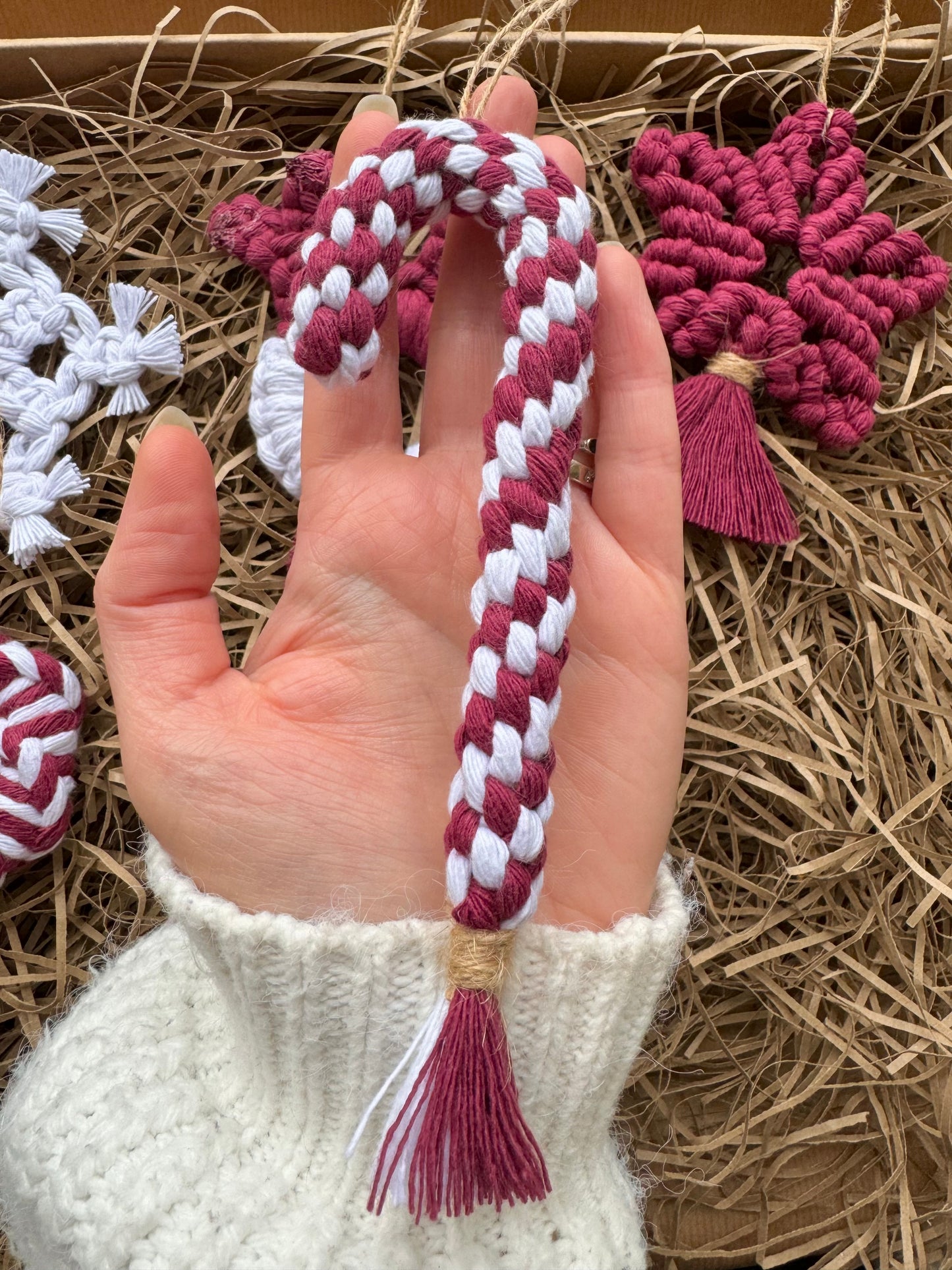 Handmade Macrame Christmas Ornament Set | Gnome, Reindeer, Star, Candy Cane, Wreath & Snowflake Tree Decorations