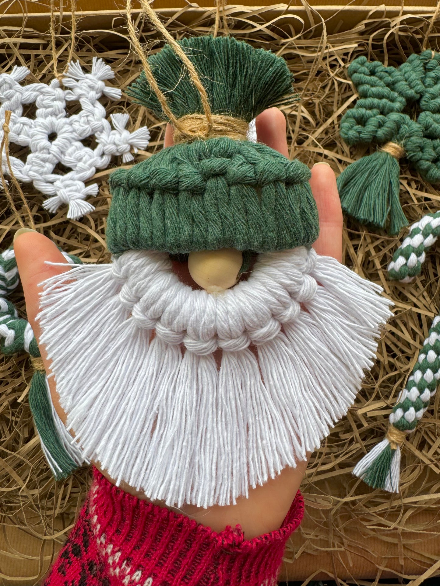 Handmade Macrame Christmas Ornament Set | Gnome, Reindeer, Star, Candy Cane, Wreath & Snowflake Tree Decorations