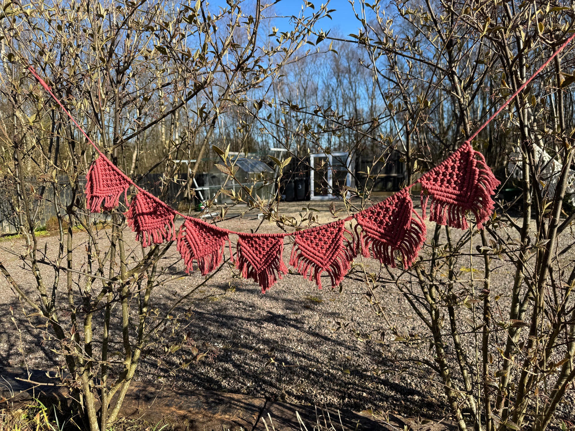 terracotta macrame banner hanging between bare trees outdoors