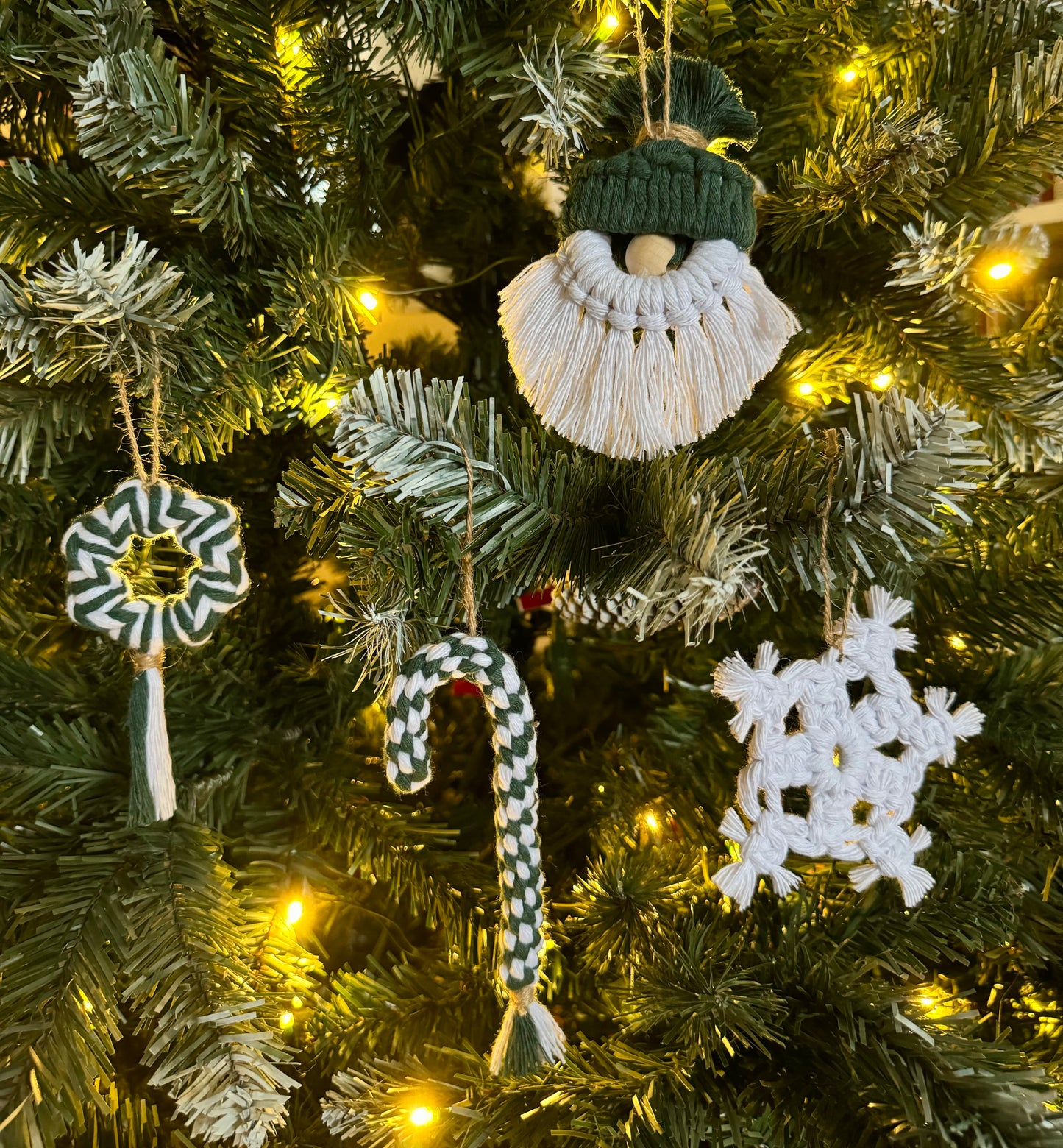 Handmade Macrame Christmas Ornament Set | Gnome, Reindeer, Star, Candy Cane, Wreath & Snowflake Tree Decorations