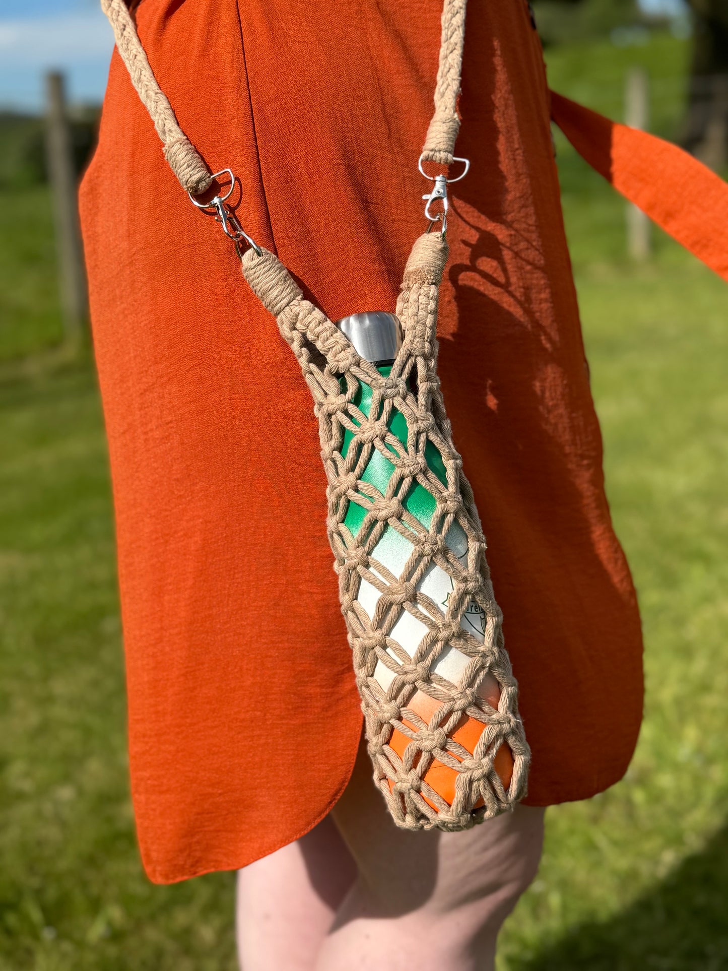 Macrame Water Bottle Holder | Custom Bottle Cosy | Braided Cotton Flask Carrier with Detachable Strap