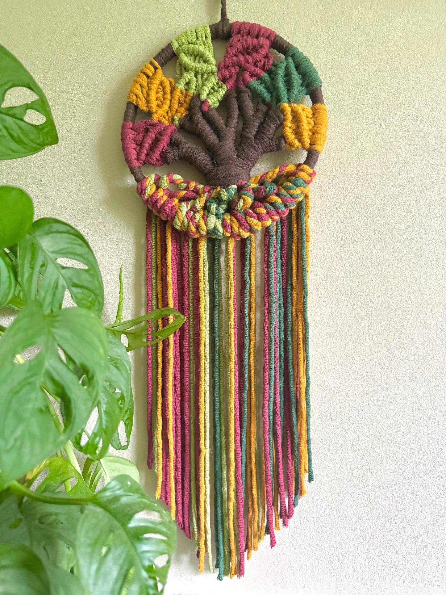 Colorful macrame tree wall hanging with a plant in the foreground