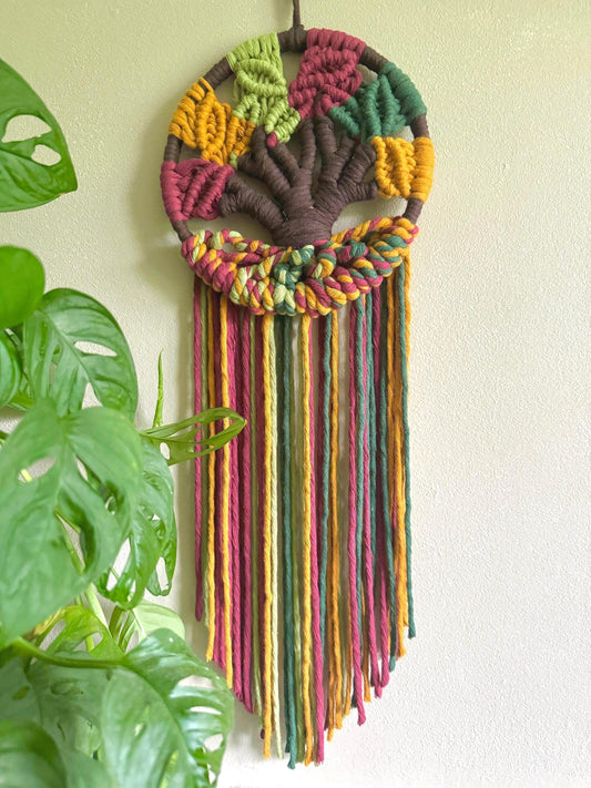 Colorful macrame tree wall hanging with a plant in the foreground