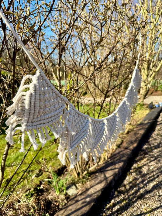 Macrame hanging decor in a garden setting